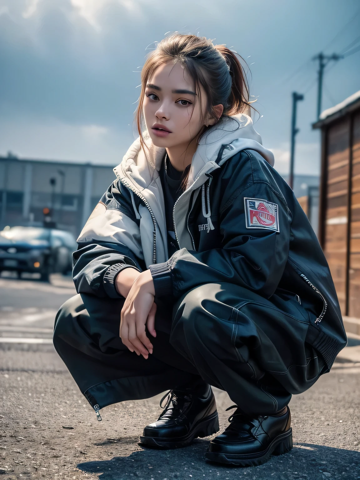 (8k, highest quality, High resolution, RAW photo, masterpiece :1.3), ((Accurately express details such as faces and skin textures)), Oversized jackets, squat, (the background is white)