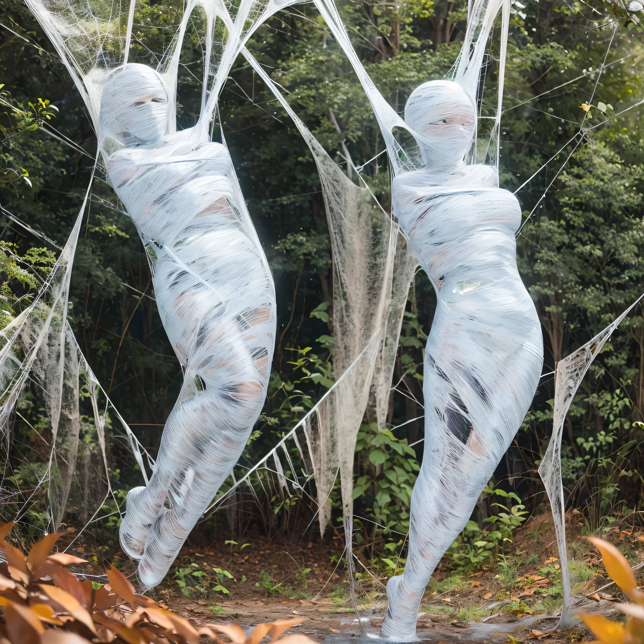 a girl entangled in the spider web, struggle, detailed classroom, (cocoon:1.3), spider web, hanging, spider in the web, spider