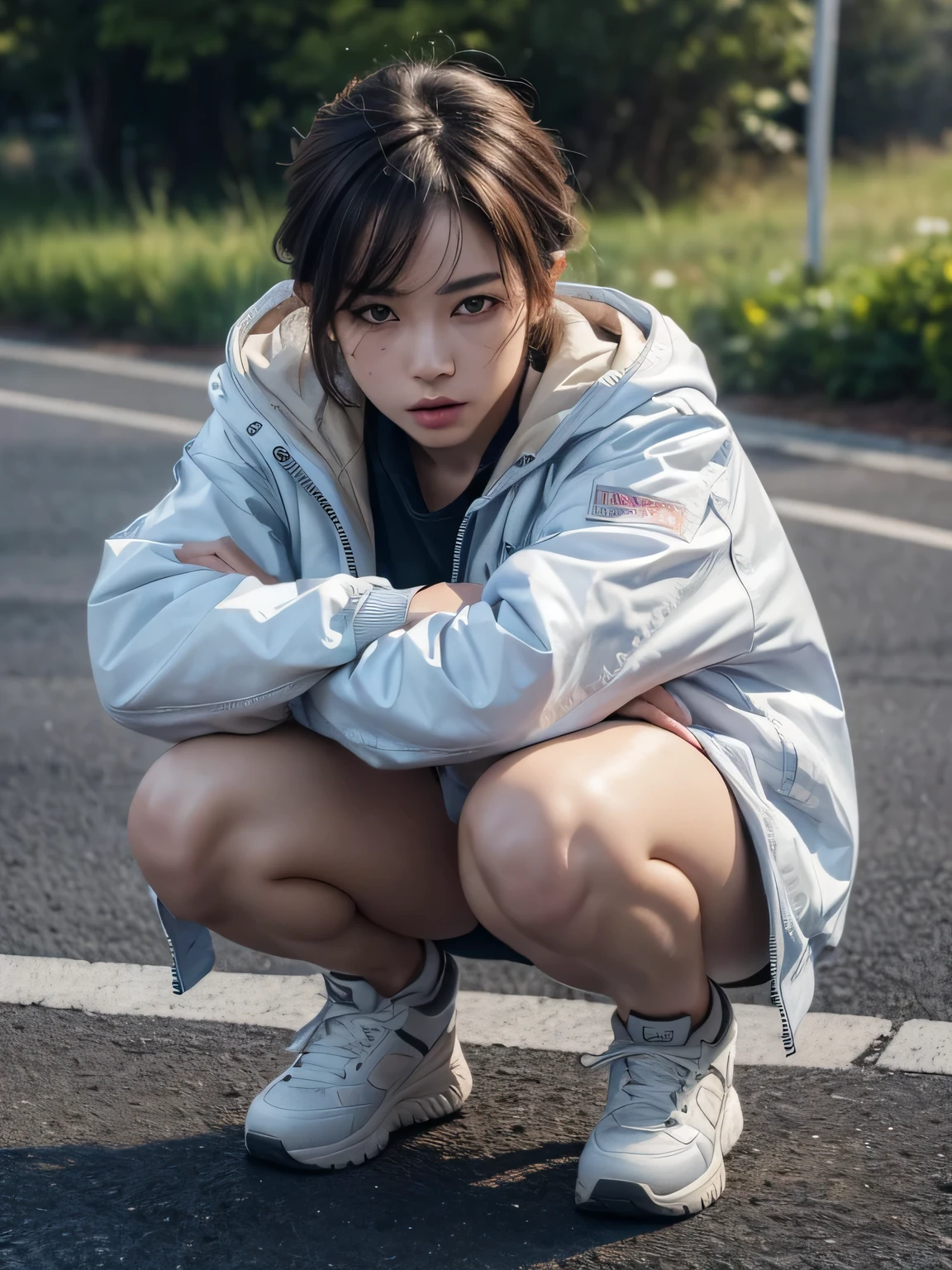 (8k, highest quality, High resolution, RAW photo, masterpiece :1.3), ((Accurately express details such as faces and skin textures)), Oversized jackets, short hair, squat