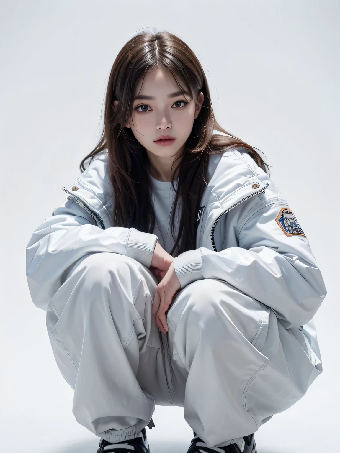 (8k, highest quality, High resolution, RAW photo, masterpiece :1.3), ((Accurately express details such as faces and skin textures)), (pure white background), Oversized jackets, pants, squat