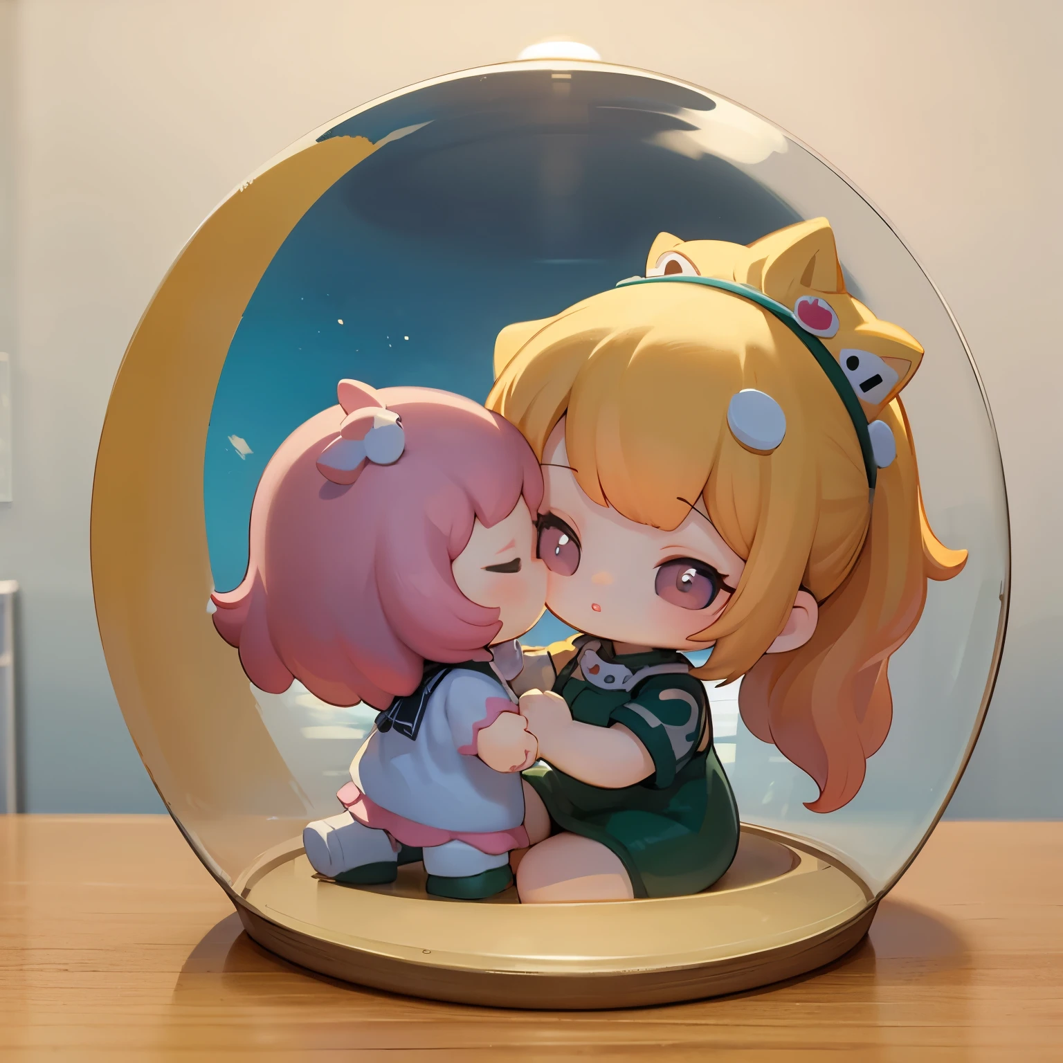 There is a kissing doll inside a dome-shaped transparent plastic case.