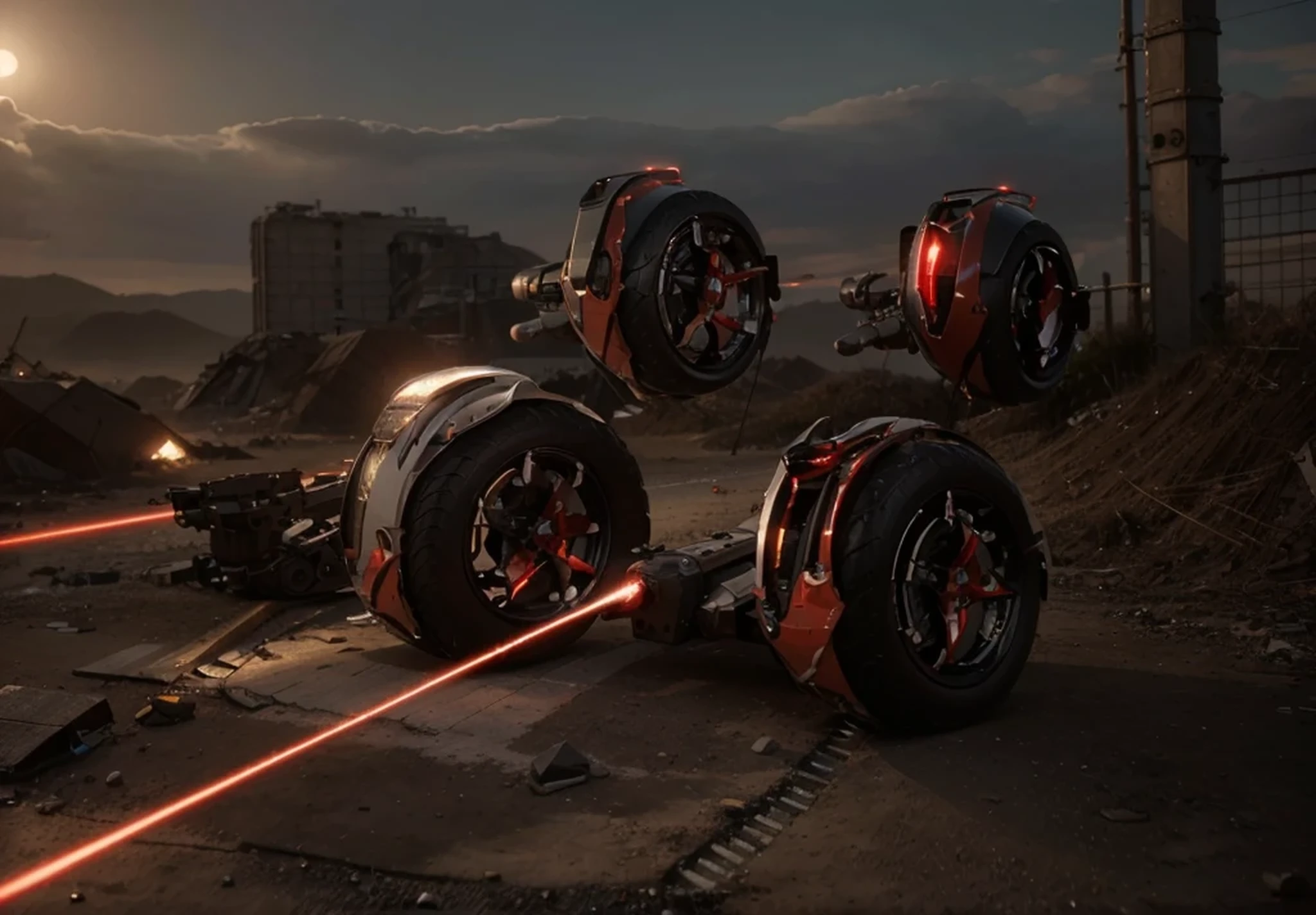 Ultra advanced wheel biomechanical robot drone, black and red metal, has cameras, sensors and antennas, has laser cannons, are in completely destroyed post apocalyptic city, sunny day, 4k, ultra detailed image, realistic, very detailed, perfect composition, splendid, intricately detailed, incredibly detailed, art photography 8k, hyper detailed, Masterpiece, ultra detailed, hyper realistic, 4k, ultra detailed image, realistic, highly detailed, perfect composition, splendid, intricately detailed, incredibly detailed, Artistic photography in 8k, hyper detailed