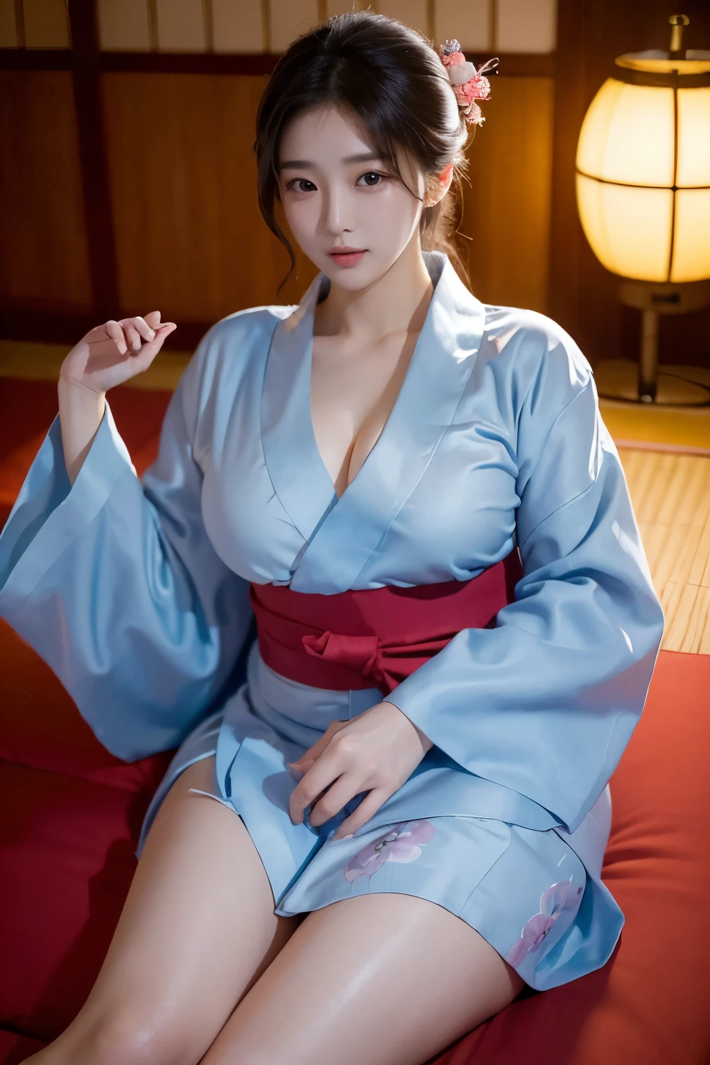 (((masterpiece))),(((high resolution)))、((beautiful woman))、(((Korean beautiful girl)))、((beautiful woman))、(cute)、(((yukata))), night、hostel、big breasts、Plump、plump stomach and thighs、(NSFW)
