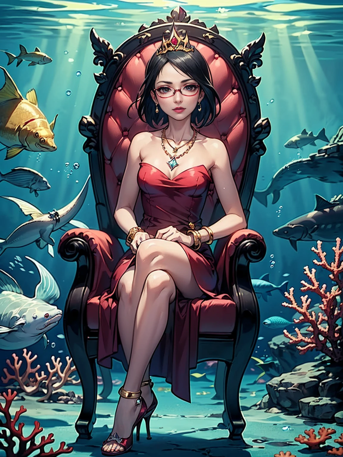 ((1girl, solo ,alone, Sarada Uchiha, short hair, ((smug, ((black eyes)), gold bracelets, ruby earrings, ((dark eyes, glasses, small breasts)), uchiha sarada)), ((solo, 1woman, pink lipstick, Extremely detailed, ambient soft lighting, 4k, perfect eyes, a perfect face, perfect lighting, a 1girl)), austere, ((sitting on a throne, ((legs crossed, high heels, underwater, submerged in the ocean, deep sea, sea creatures, aqua)), sitting on her throne under, gold throne; water, sea queen, mu yanling, Krenz Cushart and Artgerm, ((fish, coral)), shark, turtle, algae)), ((long dress, elegant dress , formal dress, red dress, bracelets, ruby earrings, gold necklace, diamond tiara, sovereign))