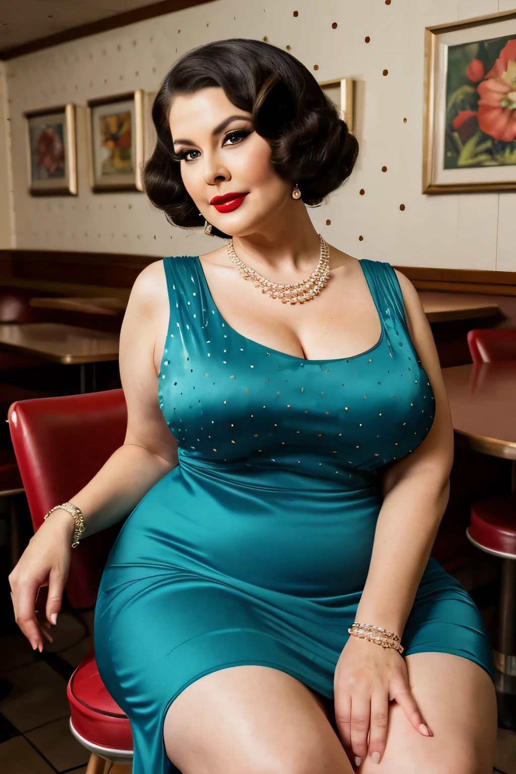 fat, a beautiful 70 year old woman, (mature), ((wearing a beautiful vintage short formal dresses with polka dots)), dress, realistic, chubby, smooth face, perfect eyes, symmetrical, 8k high definition, insanely detailed, intricate, elegant, art by David Kostic and stanley lau and artgerm, perfect skin, BEAUTIFUL TIMELESS, FAT, mature, (huge breasts:1.1), necklaces, bracelets, lipstick, background 60s vintage diner , wearing brooch, sitting on a chair, beautiful thigh