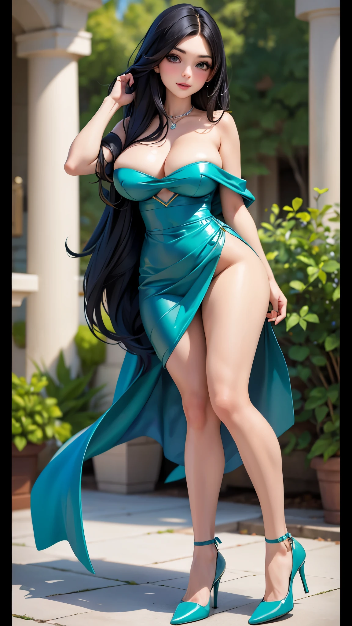 beautiful woman with long black hair. She dresses in an elegant turquoise green dress and beautiful blue shoes. she has big breasts and a big butt. Full body. Background garden in the night 