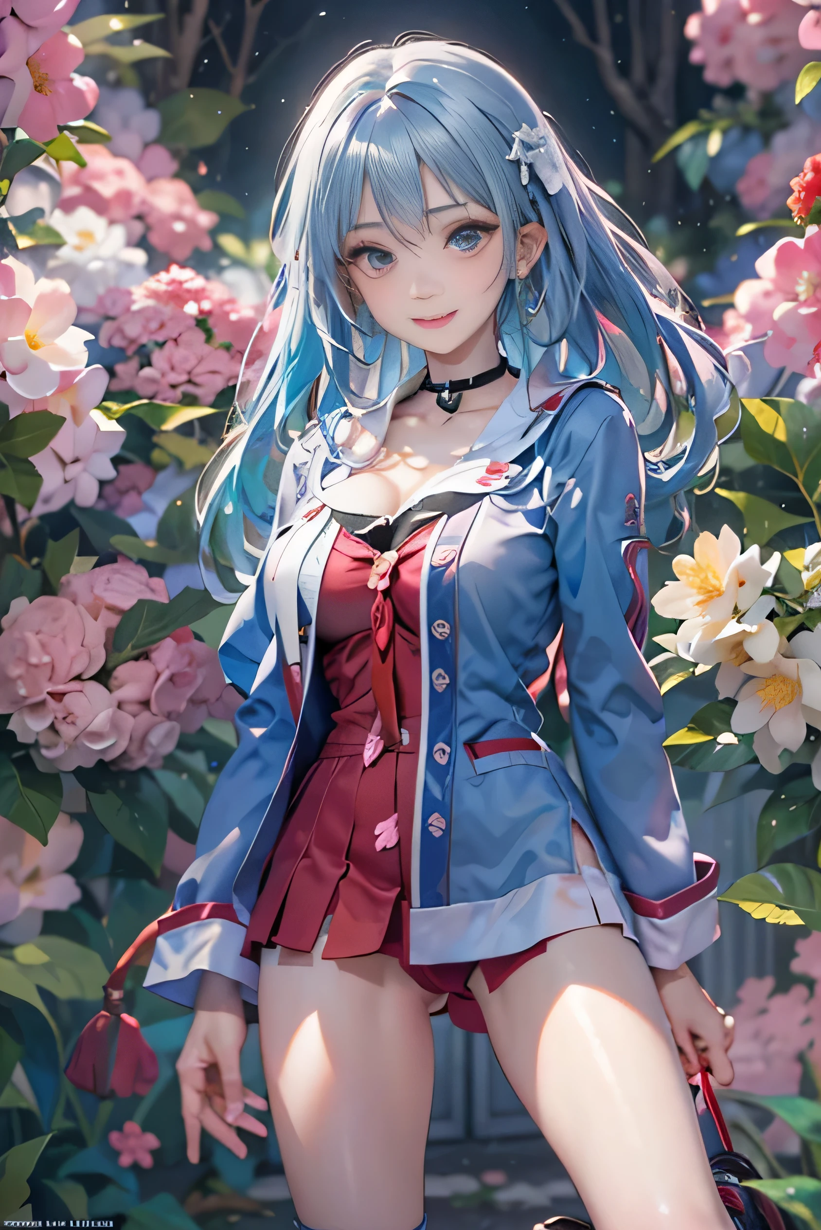 (photorealistic:1.8, highest quality:1.8,8K masterpiece:1.8,High resolution,muste piece:1.8,RAW Photos,cinematic lighting,red and purple dream colors),one goddess、(colorful sailor suit、slit mini skirt、choker、knee high stockings、loafer shoes、Cleavage cut,),(detailed blue eyes:1.7,double eyelid:1.6,Shining beautiful skin), (looking at the camera:1.5),(whole body,Photo seen from below:1.5),( midium Hair:1.2,Beautiful shining blue lime colored hair:1.5), expression(Impish Smile:1.3,face turns red:1.3),(Moderate chest:1.3), Pause(stand with legs apart,Seductive pose:1.5), background(Bright forest with blooming flowers),(detailed perfect face),anatomically correct,correct move:1.5,correct foot:1.5,4 fingers and 1 thumb in correct proportions,(cameltoe),No split screen,slender abs:1.2,highly detailed skin:1.2,(Young sensual gravure idol)