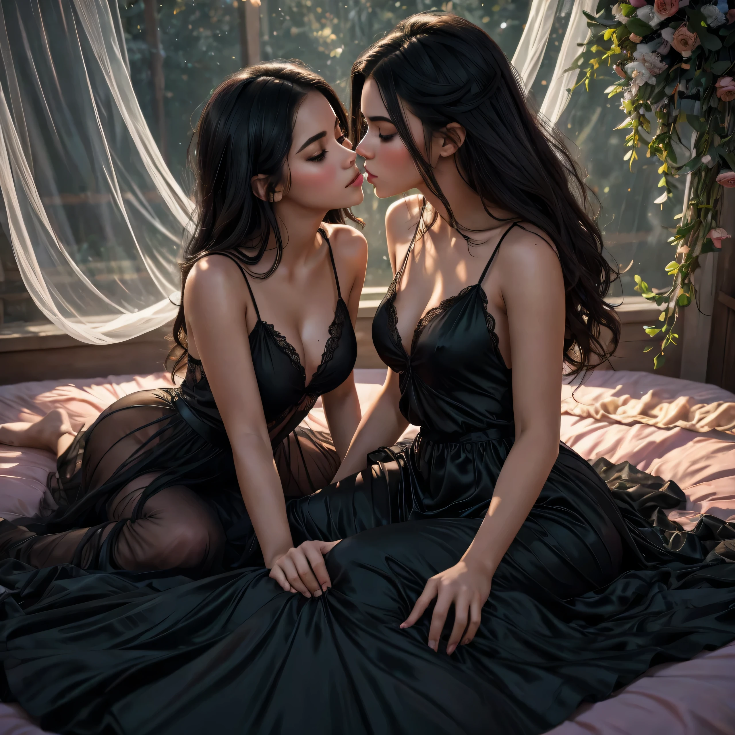 two girl kissing, see her ass,(bright lighting,romantic setting),dreamy background,,dark hair, mesmerizing gaze, , soft skin, alluring beauty, artistic portrait, high-quality image, vibrant colors,translucent black long silk gown, mosquito net, lying down, romantic bedroom