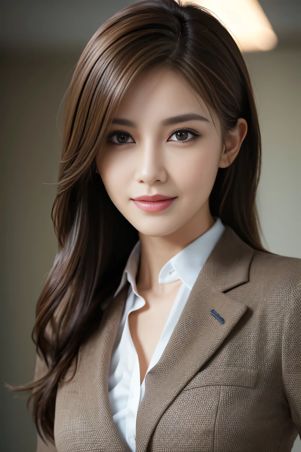 table top, highest quality, realistic, Super detailed, finely, High resolution, 8k wallpaper, 1 beautiful woman,, light brown messy hair, wearing a business suit, sharp focus, perfect dynamic composition, beautiful and detailed eyes, thin hair, Detailed realistic skin texture, smile, close-up portrait, model body shape