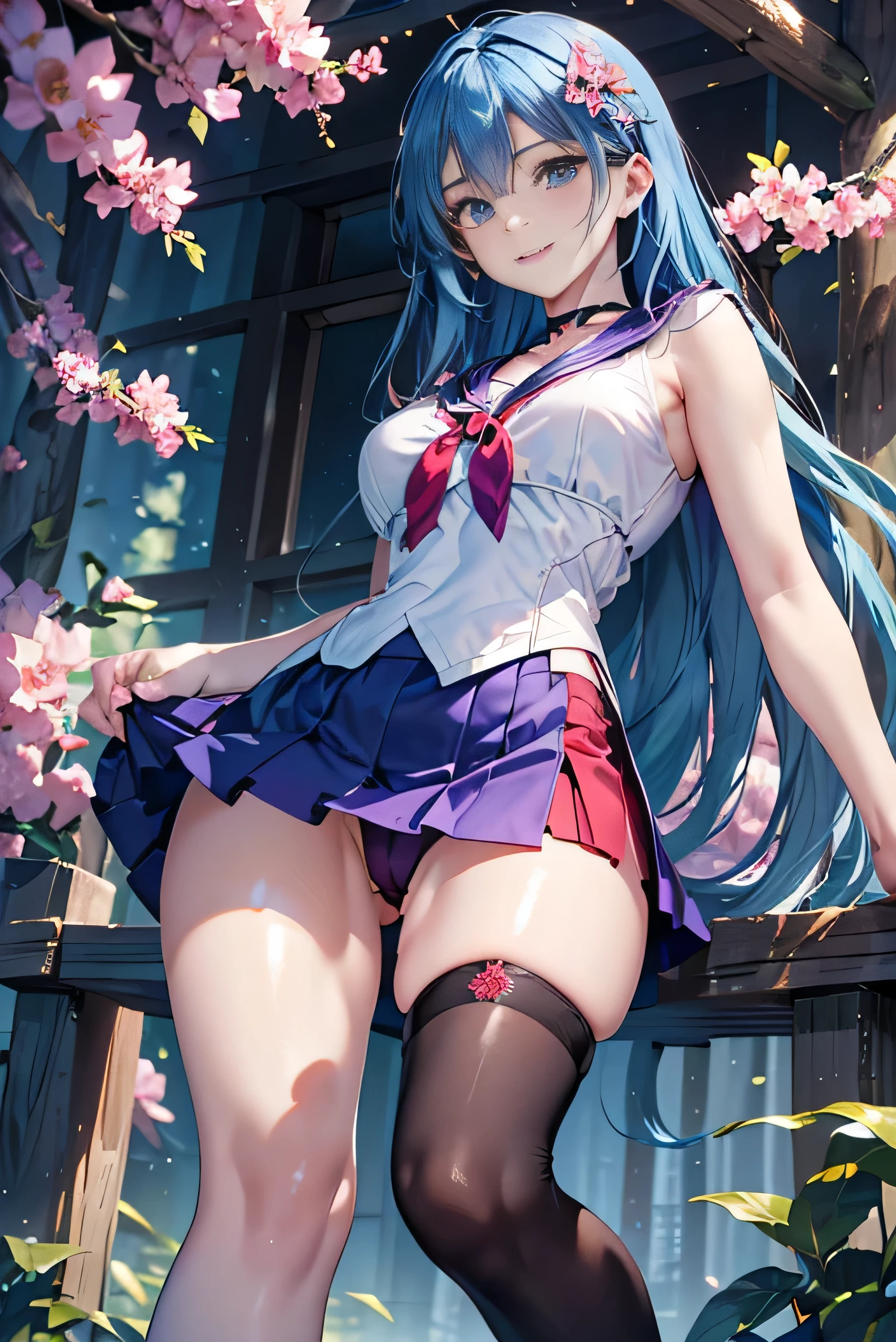 (photorealistic:1.8, highest quality:1.8,8K masterpiece:1.8,High resolution,muste piece:1.8,RAW Photos,cinematic lighting,red and purple dream colors),one goddess、(colorful sailor suit、slit mini skirt、choker、knee high stockings、loafer shoes、Cleavage cut,),(detailed blue eyes:1.7,double eyelid:1.6,Shining beautiful skin), (looking at the camera:1.5),(whole body,Photo seen from below:1.5),( midium Hair:1.2,Beautiful shining blue lime colored hair:1.5), expression(Impish Smile:1.3,face turns red:1.3),(Moderate chest:1.3), Pause(stand with legs apart,Seductive pose:1.5), background(Bright forest with blooming flowers),(detailed perfect face),anatomically correct,correct move:1.5,correct foot:1.5,4 fingers and 1 thumb in correct proportions,(cameltoe),No split screen,slender abs:1.2,highly detailed skin:1.2,(Young sensual gravure idol)