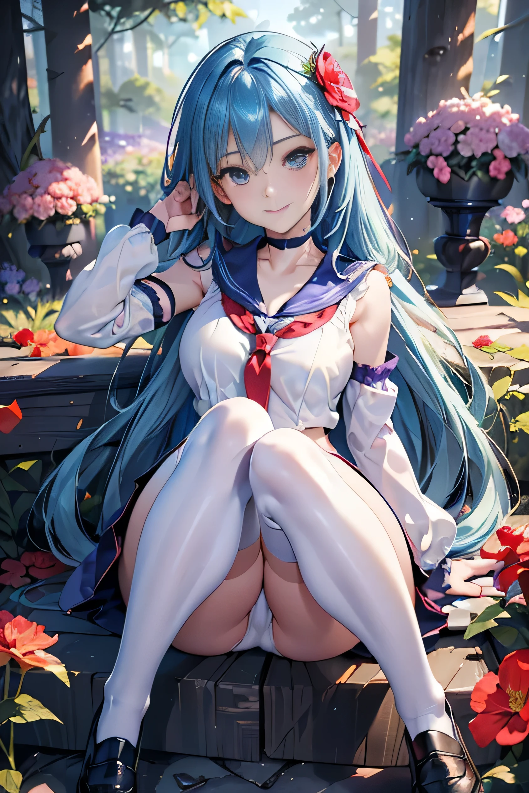 (photorealistic:1.8, highest quality:1.8,8K masterpiece:1.8,High resolution,muste piece:1.8,RAW Photos,cinematic lighting,red and purple dream colors),one goddess、(colorful sailor suit、slit mini skirt、choker、knee high stockings、loafer shoes、Cleavage cut,),(detailed blue eyes:1.7,double eyelid:1.6,Shining beautiful skin), (looking at the camera:1.5),(whole body,Photo seen from below:1.5),( midium Hair:1.2,Beautiful shining blue lime colored hair:1.5), expression(Impish Smile:1.3,face turns red:1.3),(Moderate chest:1.3), Pause(stand with legs apart,Seductive pose:1.5), background(Bright forest with blooming flowers),(detailed perfect face),anatomically correct,correct move:1.5,correct foot:1.5,4 fingers and 1 thumb in correct proportions,(cameltoe),No split screen,slender abs:1.2,highly detailed skin:1.2,(Young sensual gravure idol)