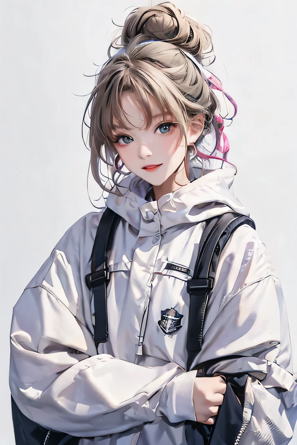 masterpiece, highest quality, Winter clothes, bun hair, guitar, Upper body, pure white background