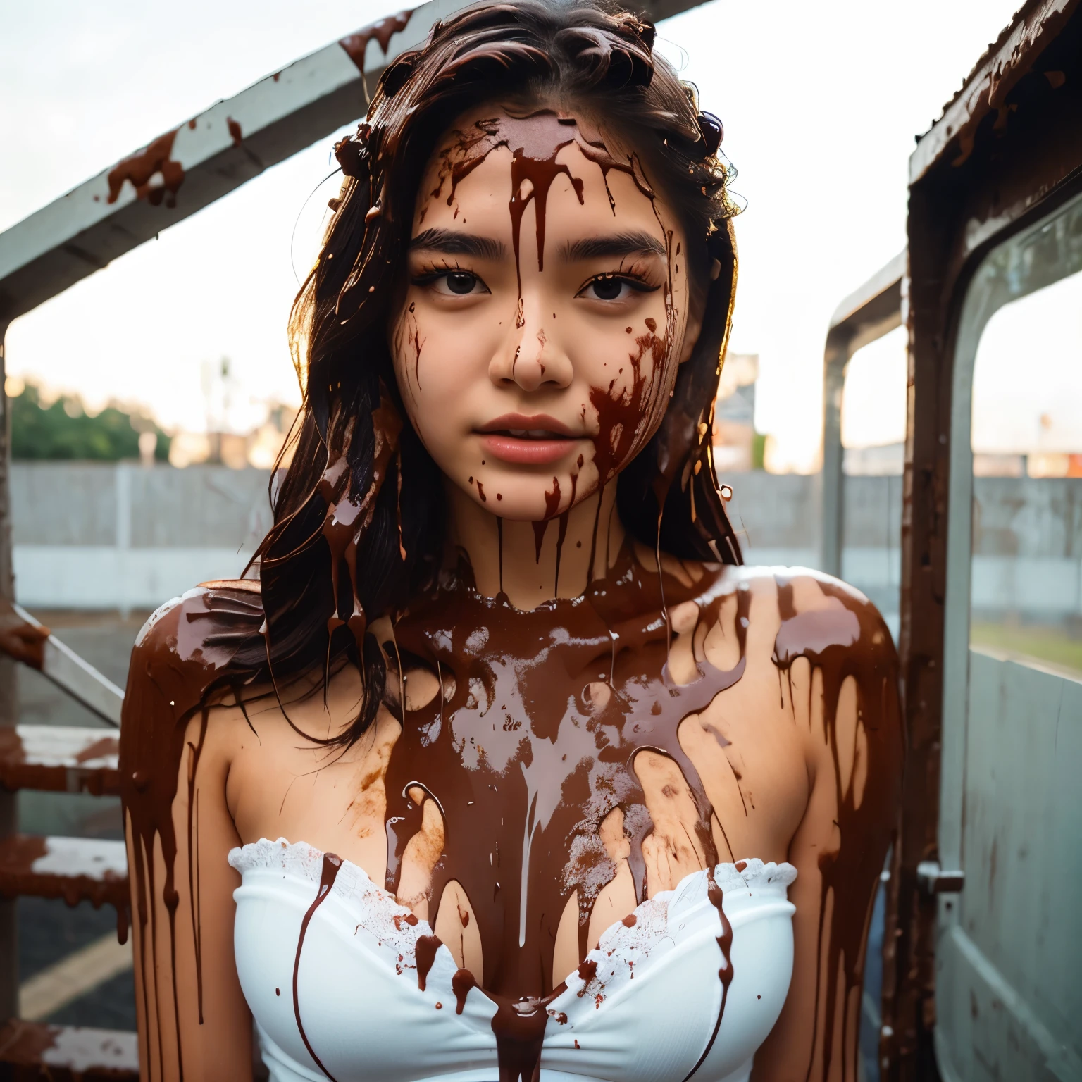 Film photograph, (photorealistic: 1.2), portrait photograph, Korean , Korean girl, beautiful details, detailed eyes, detailed face, intricate details, extreme realism, 8k, HD, mascara, winged eyeliner, lipstick, cleavage, chocolate, chocolate syrup on chest, chocolate syrup on hair, guro, white lace bra, blood on face, blood on hair