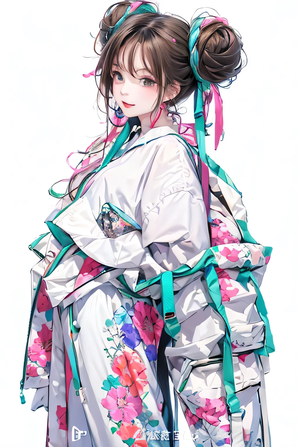 masterpiece, highest quality, spring clothes, Colorful bun hair, whole body, pure white background