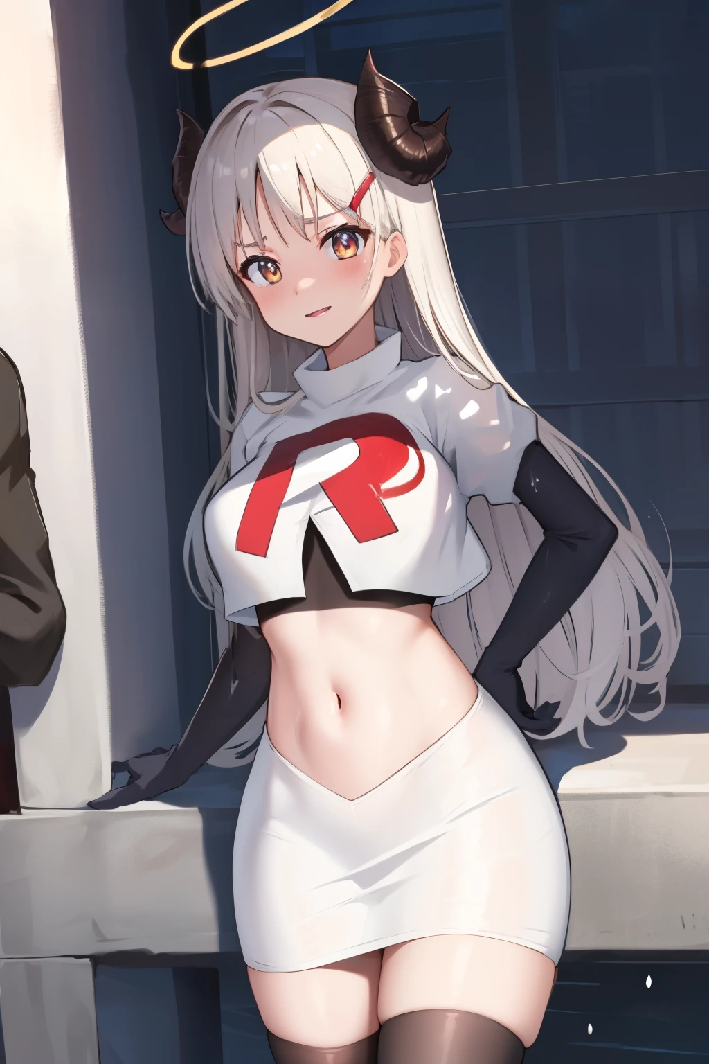 izumidef,demon horns,halo,blue sky,masterpiece,best quality,ultra-detailed, ray tracing,perfect lighting, cowboy shot,(shiny skin:1.2)[wet with oil:0.3],reflection, team rocket,team rocket uniform, red letter R, white skirt,white crop top,black thigh-highs,black elbow gloves