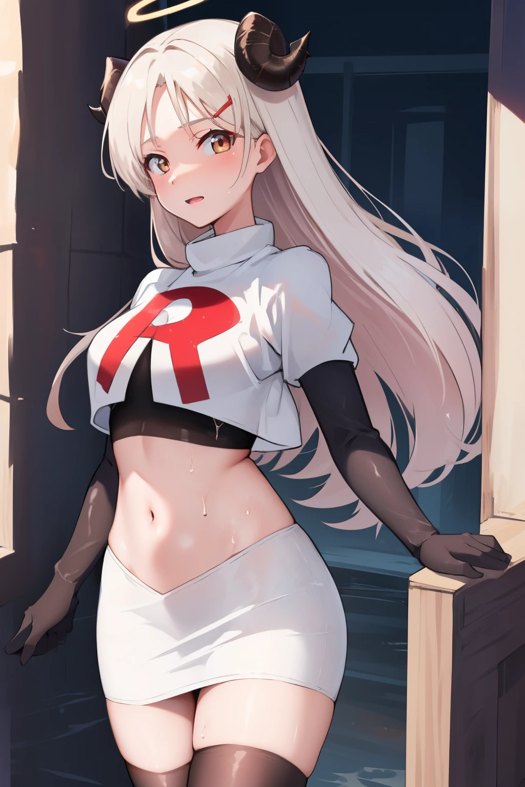 izumidef,demon horns,halo,blue sky,masterpiece,best quality,ultra-detailed, ray tracing,perfect lighting, cowboy shot,(shiny skin:1.2)[wet with oil:0.3],reflection, team rocket,team rocket uniform, red letter R, white skirt,white crop top,black thigh-highs,black elbow gloves