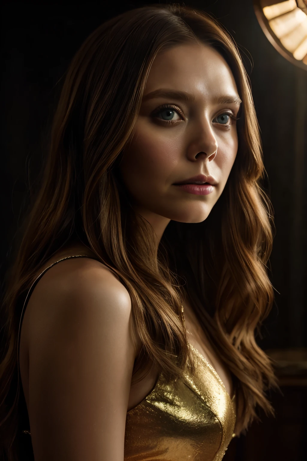 Portrait of Elizabeth Olsen, realistic, dramatic lights, beautiful dress, fashion color grading, cinematic, studio lighting.