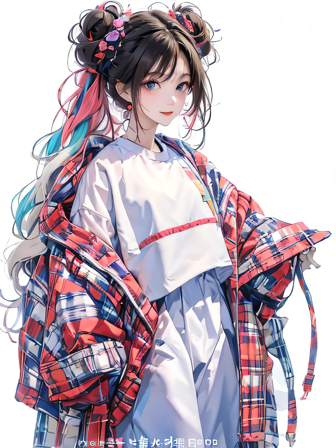 masterpiece, highest quality, spring clothes, Colorful bun hair, whole body, pure white background