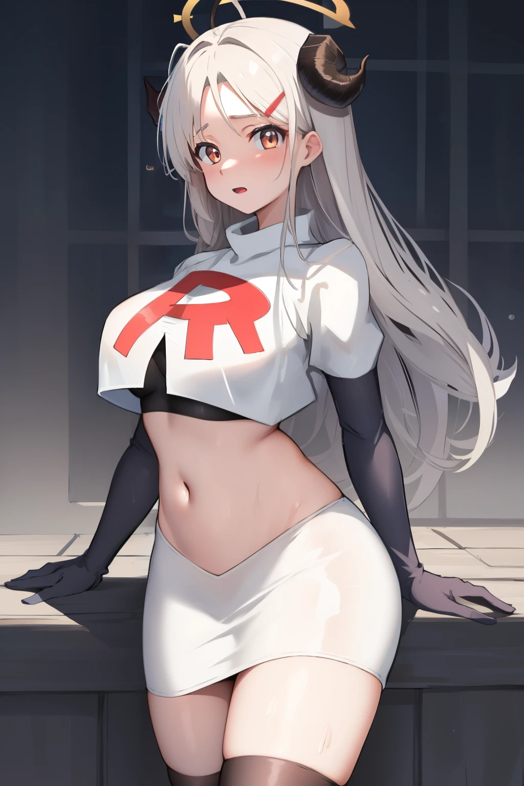 izumidef,demon horns,halo,blue sky,masterpiece,best quality,ultra-detailed, ray tracing,perfect lighting, cowboy shot,(shiny skin:1.2)[wet with oil:0.3],reflection, team rocket,team rocket uniform, red letter R, white skirt,white crop top,black thigh-highs,black elbow gloves