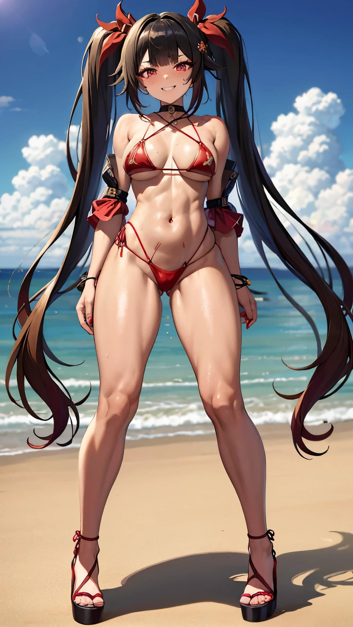 face: Art Style, Anime Style Color: Predominantly red with contrasts of black and white, Eye color: bright crimson red, with luminous reflections. Hair color Black with red highlights, HAIRSTYLE: Long with twintails, adorned with the traditional red and gold hair ornament, (((mischievous and playful smile with a touch of mischief))), showing teeth, ((kitsune mask) ), muscular legs, sadistic, ((( on the beach in the hot sun))), {{{Showing her big ass to me}}}, (((full body photo))), well-groomed nails, red nails, (((wearing a very short and sexy bikini))) , NSFW, HDR, {standing}, wearing red high heel shoes