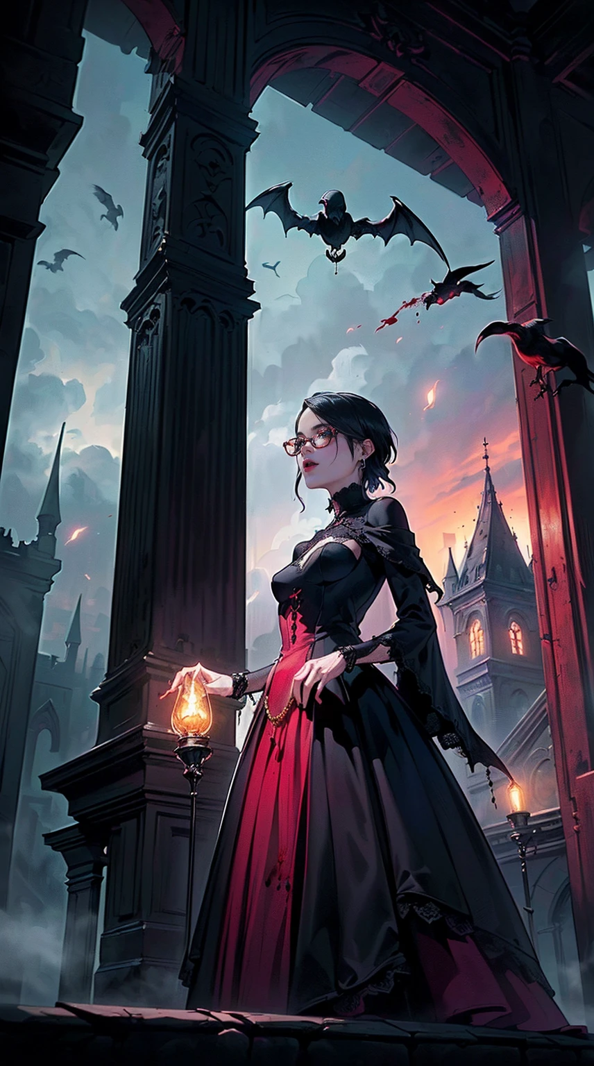 A late 20s vampire princess (Beautiful face)standing at the front door of her castle like Hogwarts, holding a wine glass, with a bloody moon in the sky, dusky, the castle is a ancient, trees around, (extremely detailed CG unified 8k wallpaper), highly detailed, masterpiece, (HDR)(wallpaper) (Film lighting)(Sharp focus), (extremely detailed CG unity 8k wallpaper), (best quality)