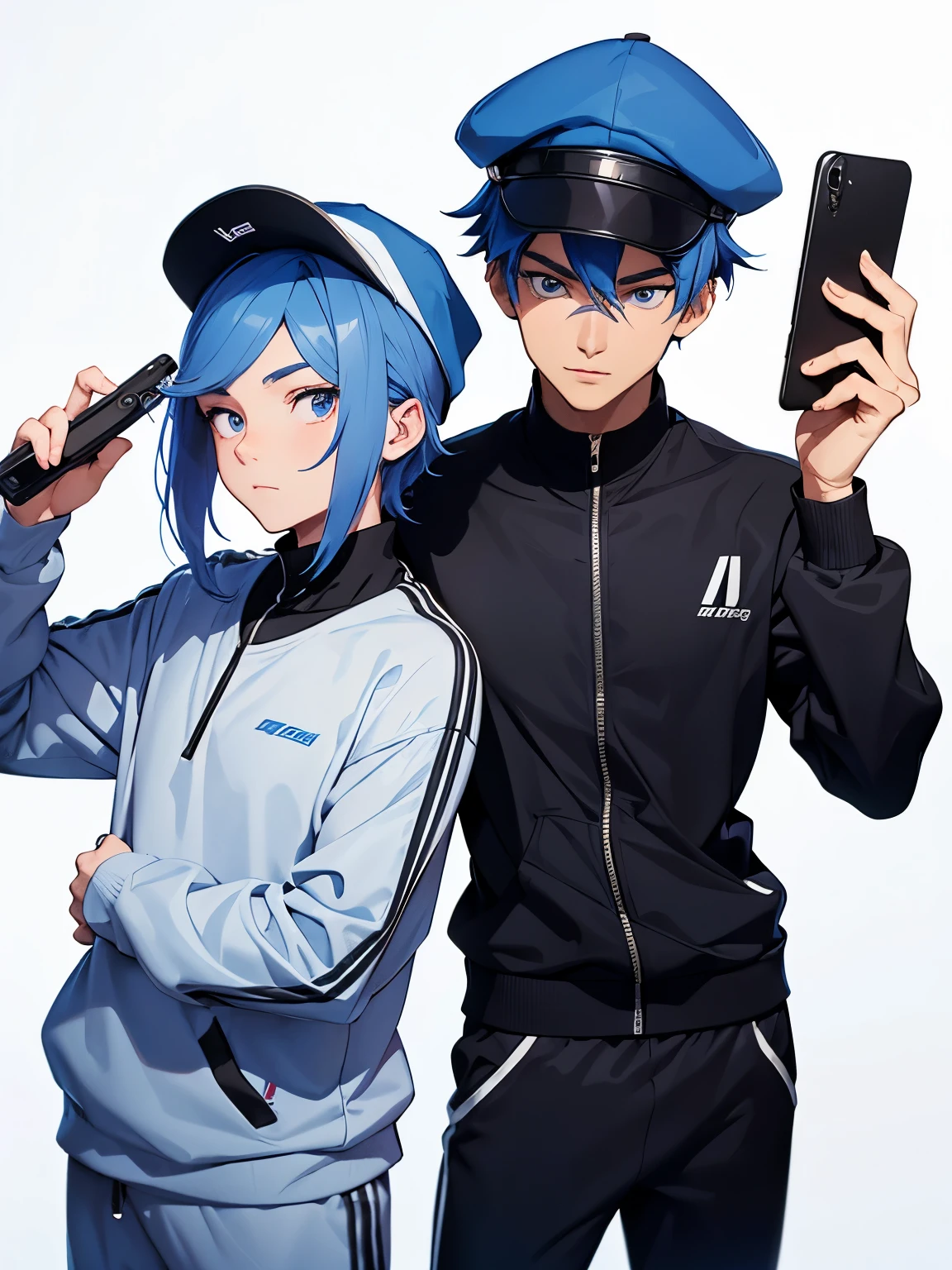Two-dimensional animation characters，A male internet celebrity,young man,20 years old，handsome guy，Center parting，long sleeve sports suit，Gray tracksuit，peaked cap，baseball cap，Standing posture，Hands holding selfie stick and mobile phone，Live streaming influencers，Upper body photo，front Photo，Trendy and fashionable temperament，Purple and blue hair，Face the camera directly，A person standing in front of a white background，eye level