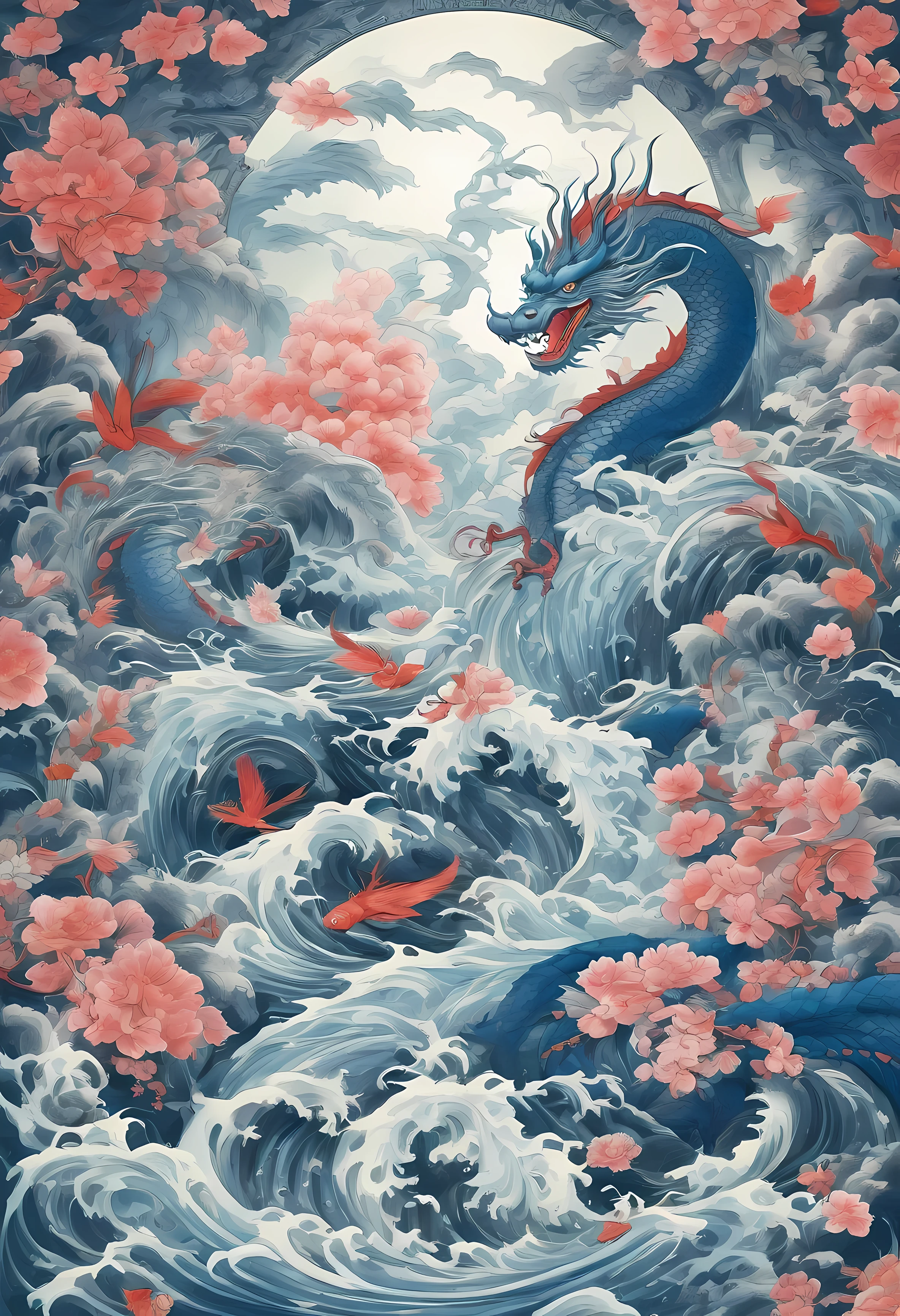 Chinese dragon waterfall wallpaper design is inspired by the magnificent natural scenery of China, especially waterfalls, blended with the mythical and majestic image of the dragon, a creature deeply rooted in Chinese culture. The dragon standing above the waterfall shows its majesty and power, set against a cascading waterfall that serves as a magnificent backdrop. The design employs deep blue and turquoise hues, creating a mysterious and dreamlike atmosphere whilst appearing aesthetically pleasing. This surreal yet realistic color scheme, combined with the Chinapunk style, a fusion of traditional Chinese culture with modern design elements, provides a transfixing visual effect. The design, despite being set in a fantastical realm, is depicted in a lifelike manner, adding a tang of reality. The high definition and meticulously crafted design elements boost the overall artistic effect.