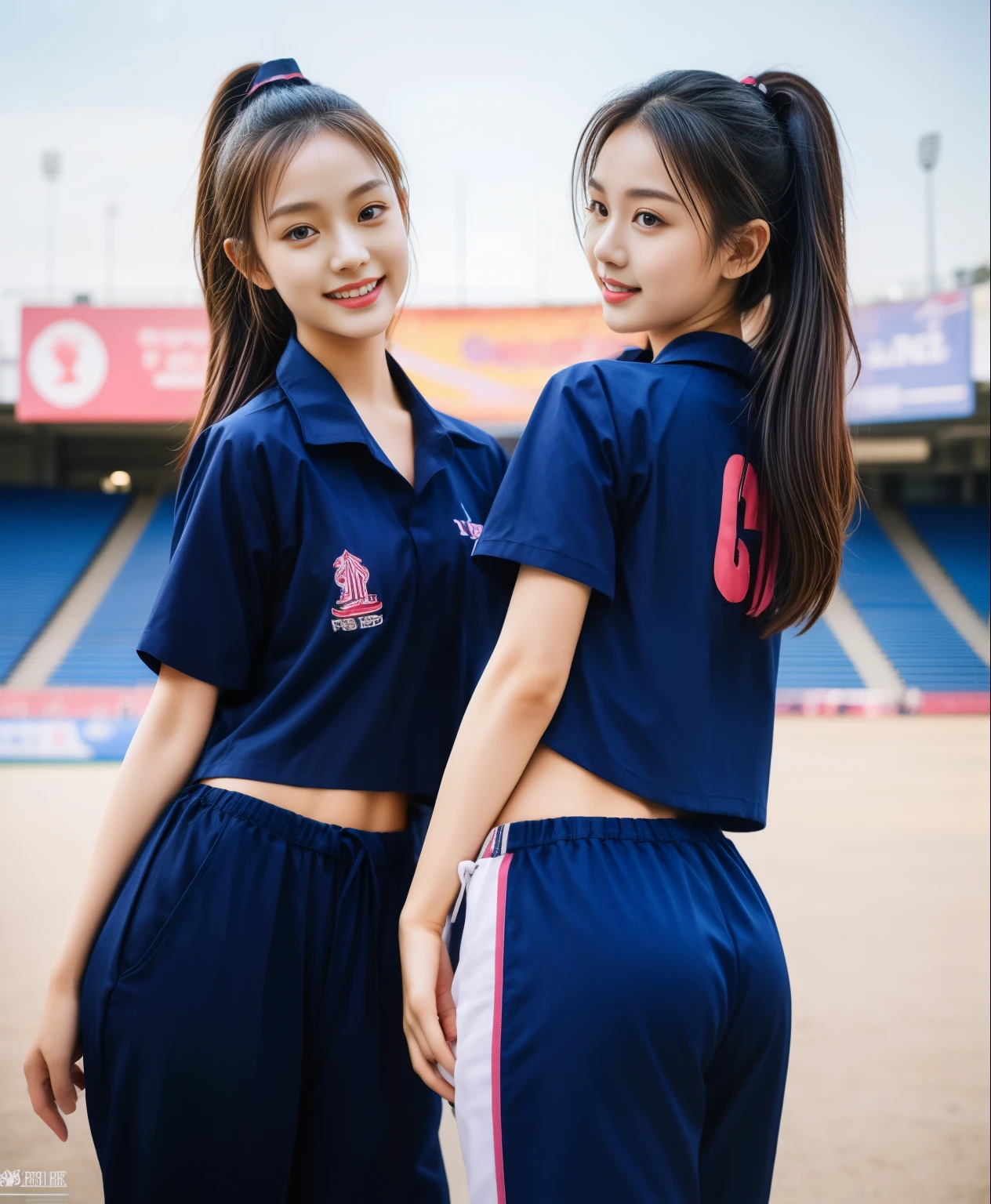 (best quality,10,10,height,Masterpiece:1.2),Special details,(realistic,ภาพrealistic,Realistic photos:1.37),1 cute girl on the football field,shiny, ผิวshiny,only,smile softly,BDclothelue shirt:1.3)),short sleeve,shirt, กางเกงขาlong.,(navy_long_track pants:1.1), ((stadium background:1.3)),Dynamic angle,excited,Face focus,dynamic poses,from behind,focus on ass,Masterpiece, best quality, ultra realistic, hyper-detail, 8K resolution, raw photos, Sharp focus, ((Navy blue shirt:1.1)), short sleeve, เส้นทางlong, perfect body, 2 mature women, 18 years old, Cinema-grade lighting system,blue sweatpants,shirtผ้าออกกำลังกาย,correct anatomy,perfect body, correct body, Sharp face, correct bodyทางกายวิภาค, full body, realistic gestures, long-haired, realistic poses,Wear long shorts................................,ช่วงขาlong,Good shape,carved girl, Slender figure, model, Good shape, beautiful body,blue sweatpants, two girls kissing