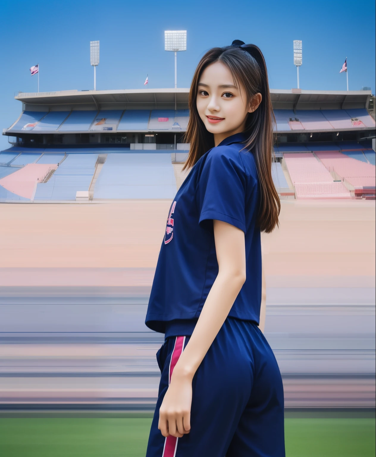 (best quality,10,10,height,Masterpiece:1.2),Special details,(realistic,ภาพrealistic,Realistic photos:1.37),1 cute girl on the football field,shiny, ผิวshiny,only,smile softly,BDclothelue shirt:1.3)),short sleeve,shirt, กางเกงขาlong.,(navy_long_track pants:1.1), ((stadium background:1.3)),Dynamic angle,excited,Face focus,dynamic poses,from behind,focus on ass,Masterpiece, best quality, ultra realistic, hyper-detail, 8K resolution, raw photos, Sharp focus, ((Navy blue shirt:1.1)), short sleeve, เส้นทางlong, perfect body, 2 mature women, 18 years old, Cinema-grade lighting system,blue sweatpants,shirtผ้าออกกำลังกาย,correct anatomy,perfect body, correct body, Sharp face, correct bodyทางกายวิภาค, full body, realistic gestures, long-haired, realistic poses,Wear long shorts................................,ช่วงขาlong,Good shape,carved girl, Slender figure, model, Good shape, beautiful body,blue sweatpants, two girls kissing