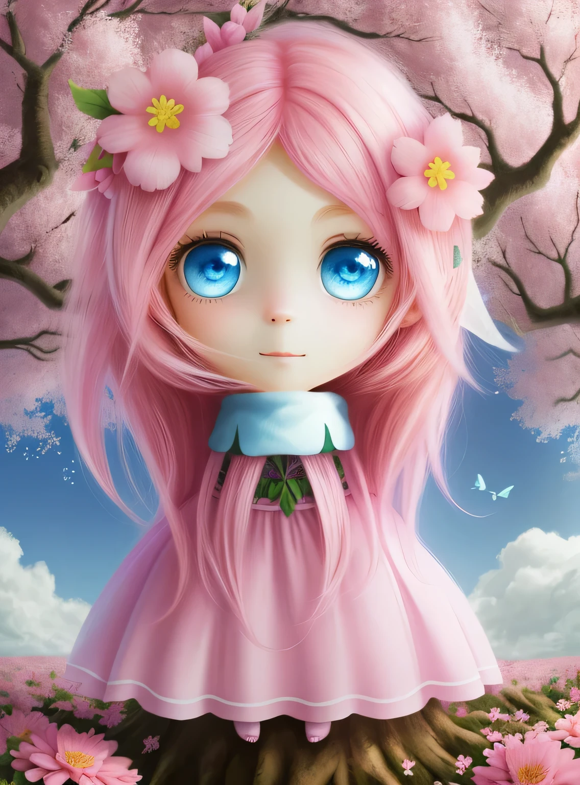 Fada feliz e flores. melhor qualidade de imagem. Cabelo rosa e grandes olhos azuis. tree background