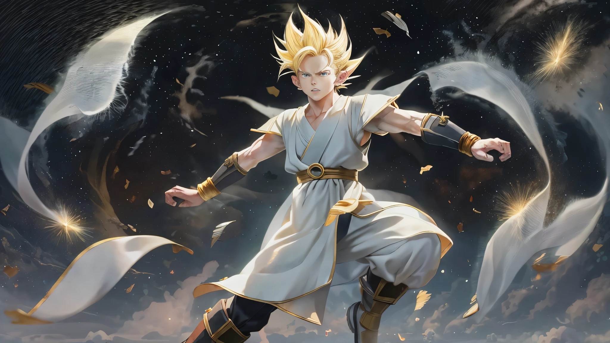 (master piece), 8k, best quality, elf boy, childlike appearance, male, teenager, ************, 1.70 meters tall, white skin, thin body, pointed elf ears, beautiful finely detailed silver eyes , high forehead, spiky yellow blonde hair like Gohan from the anime dragon ball (super sayajin), Incredibly handsome, conservative elven clothing, fighting, throwing salt stones at enemies,