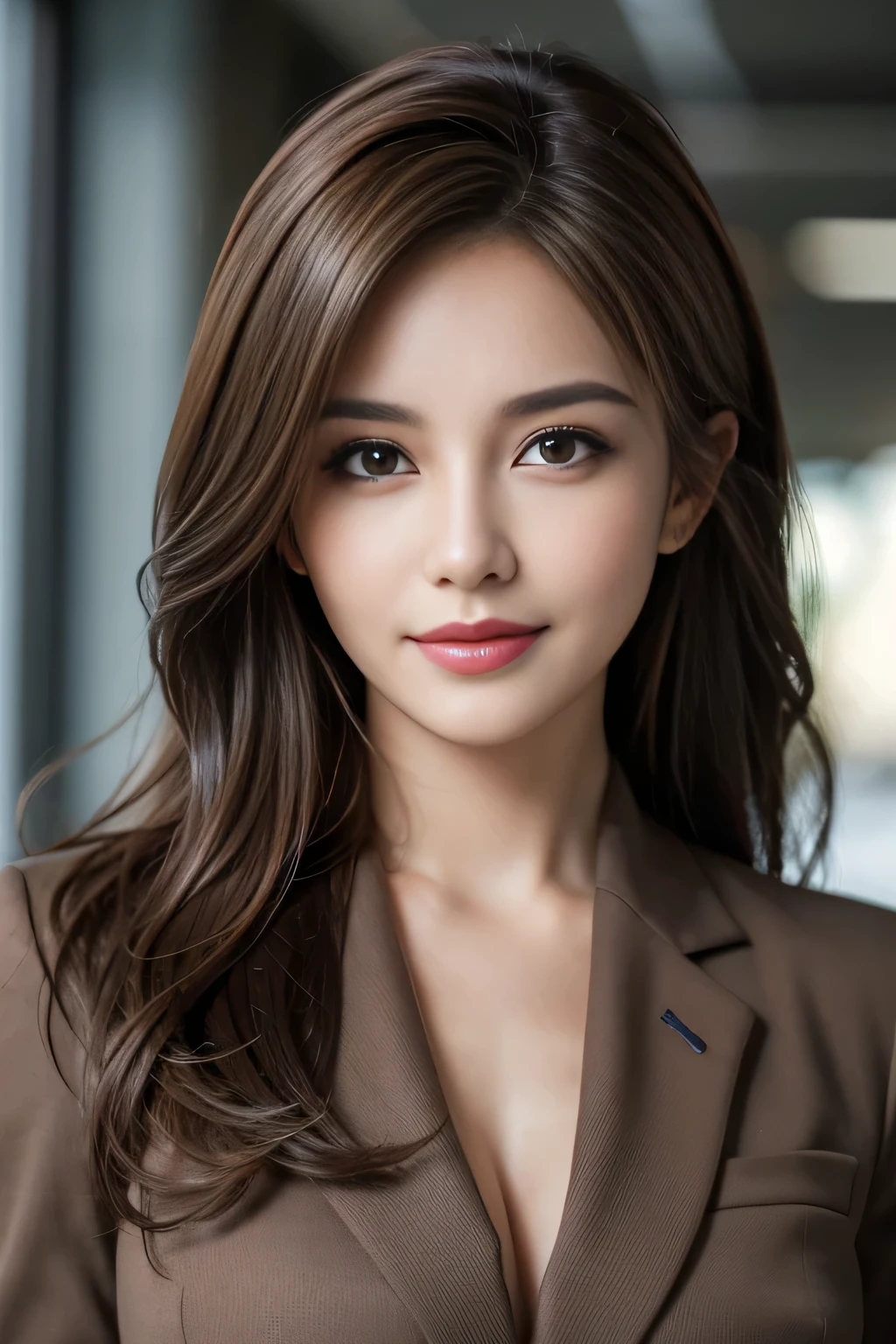 table top, highest quality, realistic, Super detailed, finely, High resolution, 8k wallpaper, 1 beautiful woman,, light brown messy hair, wearing a business suit, sharp focus, perfect dynamic composition, beautiful and detailed eyes, thin hair, Detailed realistic skin texture, smile, close-up portrait, model body shape
