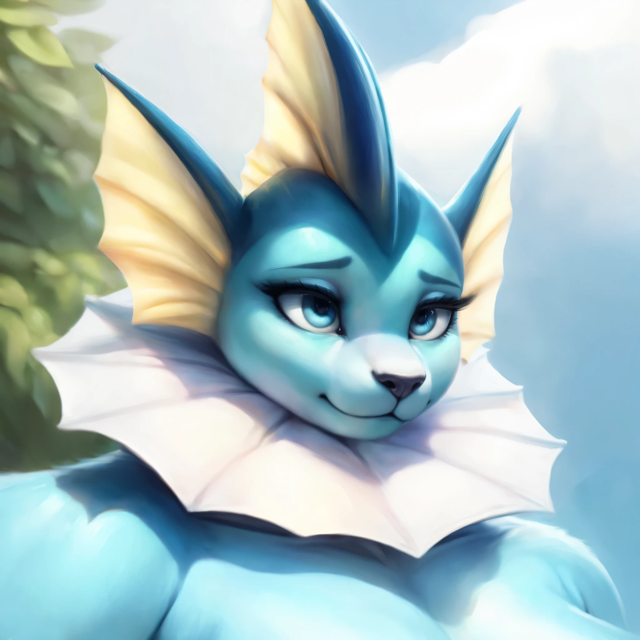 (best quality,ultra-detailed,realistic:1.37), vaporeon, feline snout, realistic, detailed face, striking eyes, flawless skin, expressive eyebrows, perfect lighting, long eyelashes, soft focus, vibrant colors, studio lighting,realistic,soft lighting,vibrant colors, delicate fur texture, blush, embarrassed expression, shy expression