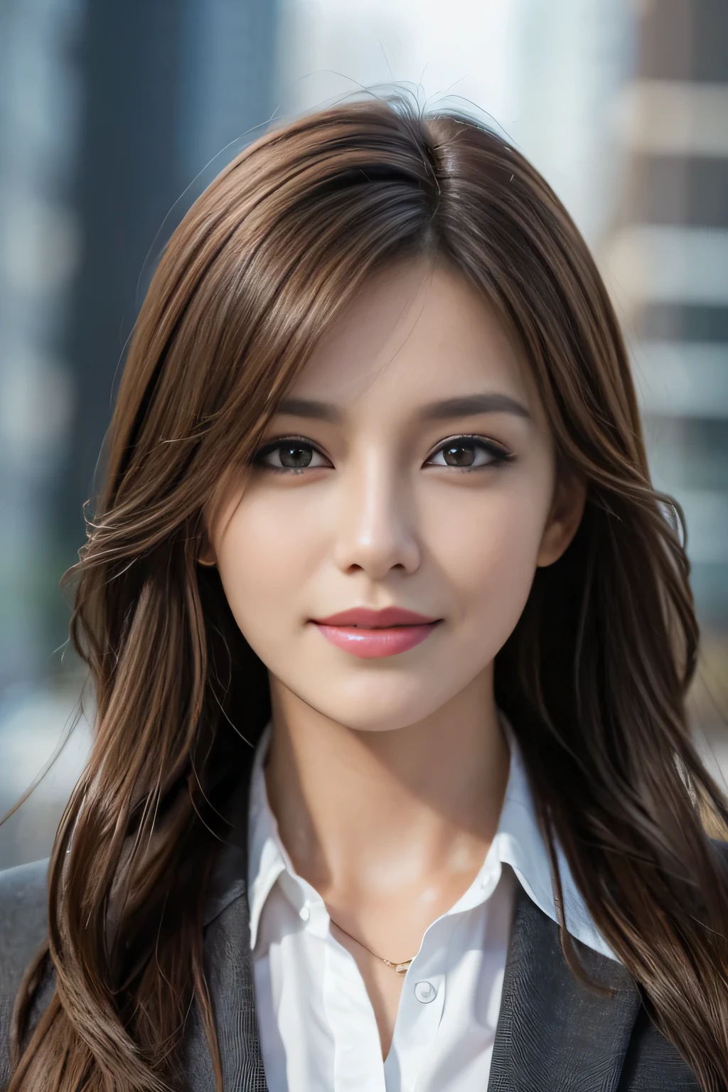 table top, highest quality, realistic, Super detailed, finely, High resolution, 8k wallpaper, 1 beautiful woman,, light brown messy hair, wearing a business suit, sharp focus, perfect dynamic composition, beautiful and detailed eyes, thin hair, Detailed realistic skin texture, smile, close-up portrait, model body shape