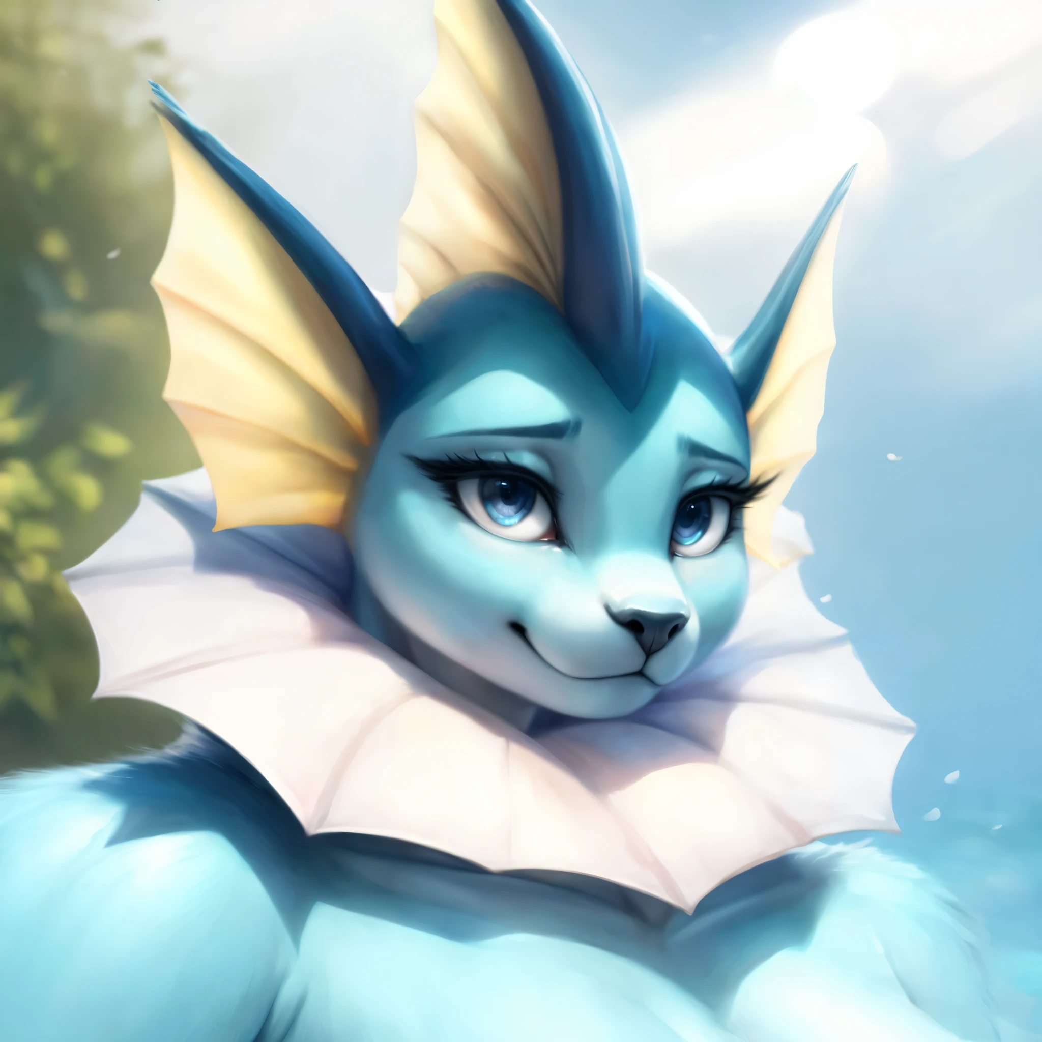 (best quality,ultra-detailed,realistic:1.37), vaporeon, feline snout, realistic, detailed face, striking eyes, flawless skin, expressive eyebrows, perfect lighting, long eyelashes, soft focus, vibrant colors, studio lighting,realistic,soft lighting,vibrant colors, delicate fur texture, blush, embarrassed expression, shy expression