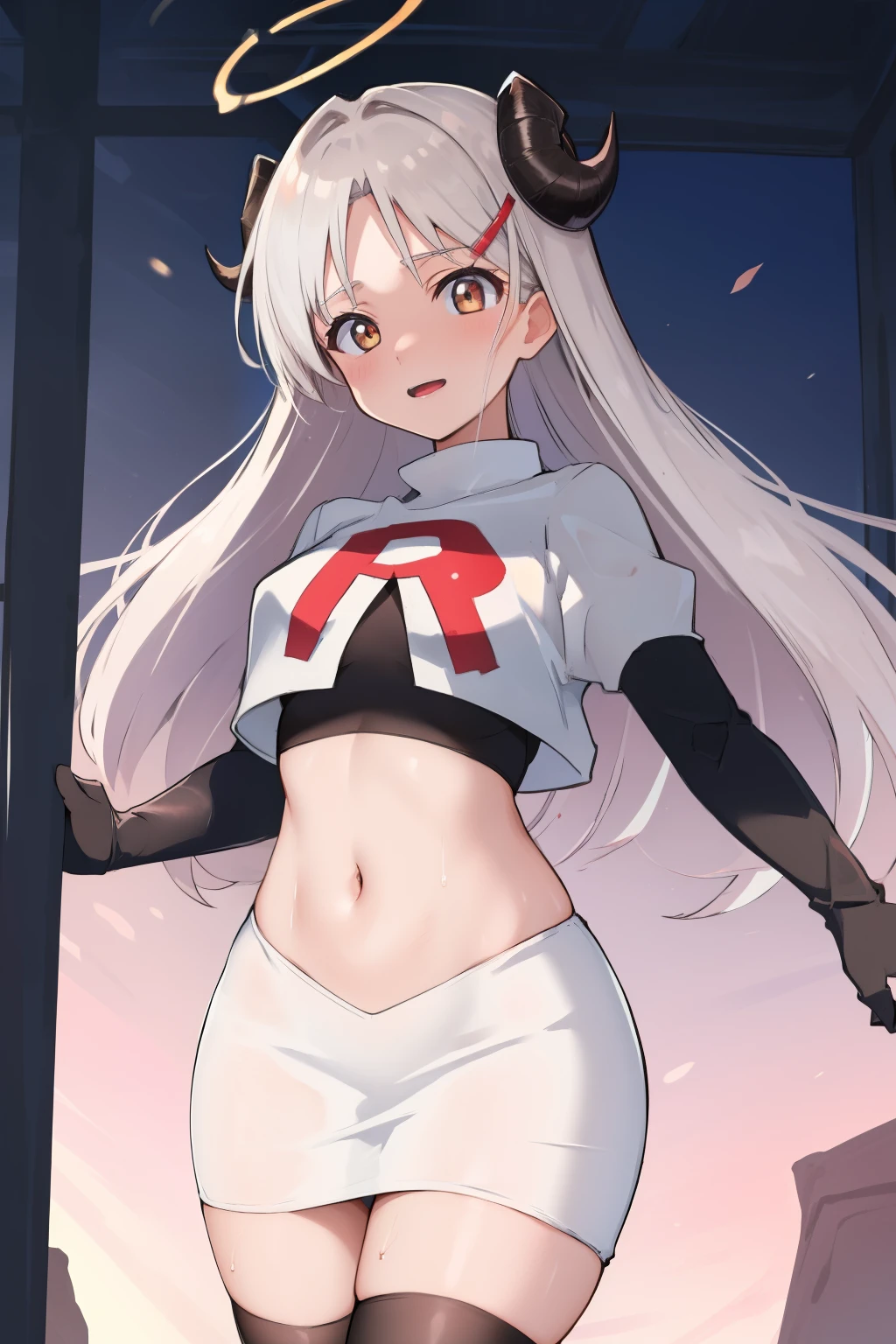 izumidef,demon horns,halo,blue sky,masterpiece,best quality,ultra-detailed, ray tracing,perfect lighting, cowboy shot,(shiny skin:1.2)[wet with oil:0.3],reflection, team rocket,team rocket uniform, red letter R, white skirt,white crop top,black thigh-highs,black elbow gloves