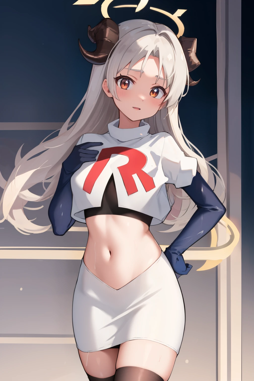 izumidef,demon horns,halo,blue sky,masterpiece,best quality,ultra-detailed, ray tracing,perfect lighting, cowboy shot,(shiny skin:1.2)[wet with oil:0.3],reflection, team rocket,team rocket uniform, red letter R, white skirt,white crop top,black thigh-highs,black elbow gloves