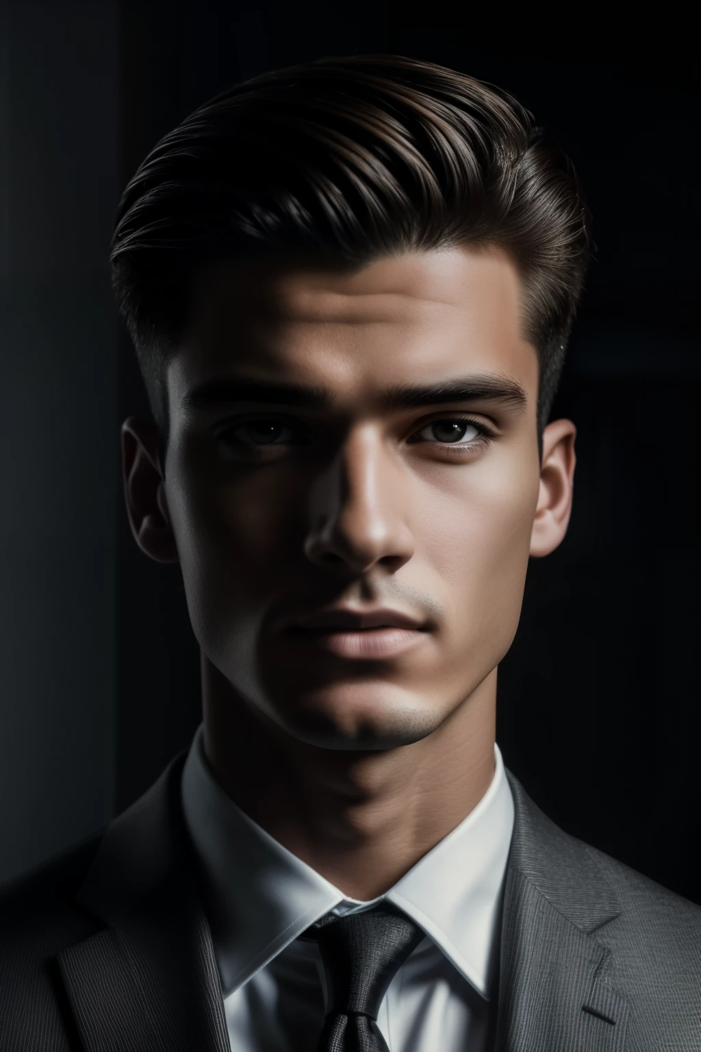 (RAW style, masterpiece, best quality, ultra-detailed), real 18-year-old boy dressed in suit, looking directly at the camera with a serious expression, sharp jawline and clear complexion, professional attire accentuating his maturity, well-lit environment with soft cinematic light, natural and authentic skin texture, high resolution image, intricately detailed suit fabric, (((cinematic look))), realistic shadows, detailed facial features, confident and adults-like pose.
