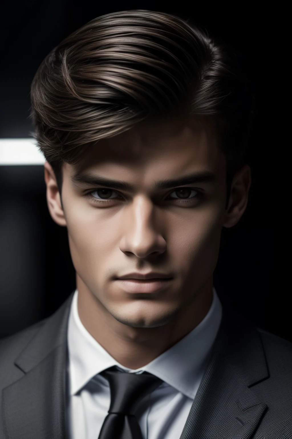 (RAW style, masterpiece, best quality, ultra-detailed), real 18-year-old boy dressed in suit, looking directly at the camera with a serious expression, sharp jawline and clear complexion, professional attire accentuating his maturity, well-lit environment with soft cinematic light, natural and authentic skin texture, high resolution image, intricately detailed suit fabric, (((cinematic look))), realistic shadows, detailed facial features, confident and adults-like pose.