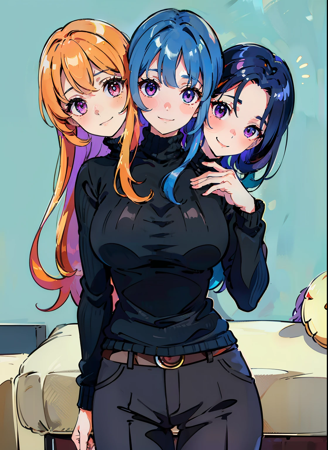 (masterpiece),(ultra-detailed), (high quality), (high resolution), (best quality:1.5, highres, UHD), highres, absurdo, ultra detail, ultra quality, Ultra resolution, 16k, ((3heads:1.5)), 1girl, anime girl with three heads, (vivid sky blue hair), (red orange hair), (violet purple hair), same eye color as the hair, smiling, giggling, friendly, inviting, ((very shy expression)), mature look, ((gray turtleneck sweater)), black long pants, vibrant colors, (long hair), (hair clip), sharp eyes, apartment bedroom background, cowboy shot