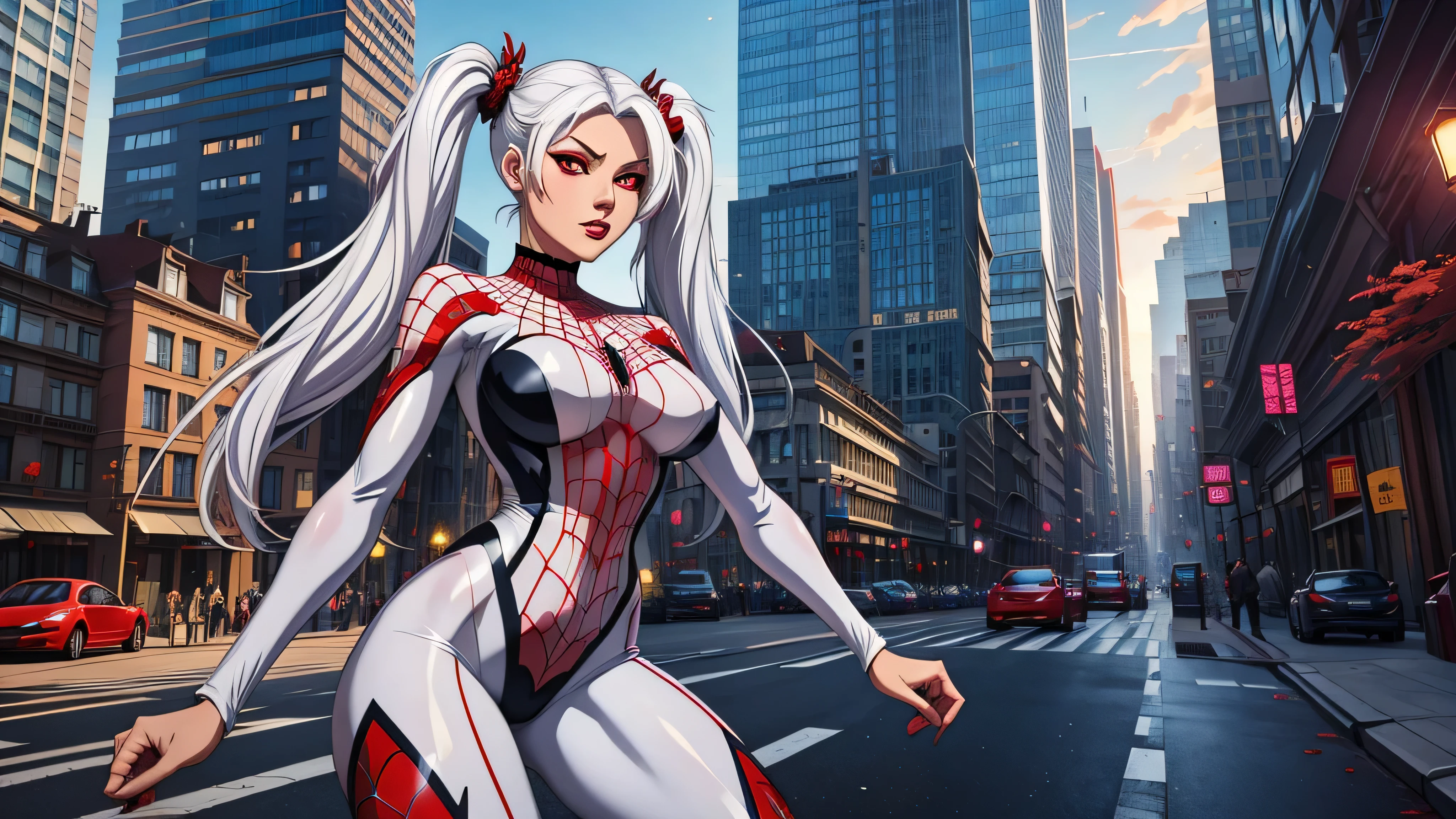 (masterpiece, best quality), garota de anime intricate details, 8k, artstation, wallpaper, official art, splash art, sharp focus,
1girl, Nakiri Ayame, long hair, twintails, red eyes, white hair,
spider suit, spider web print, spider web,
skyscrappers, city, buildings, cars, street,