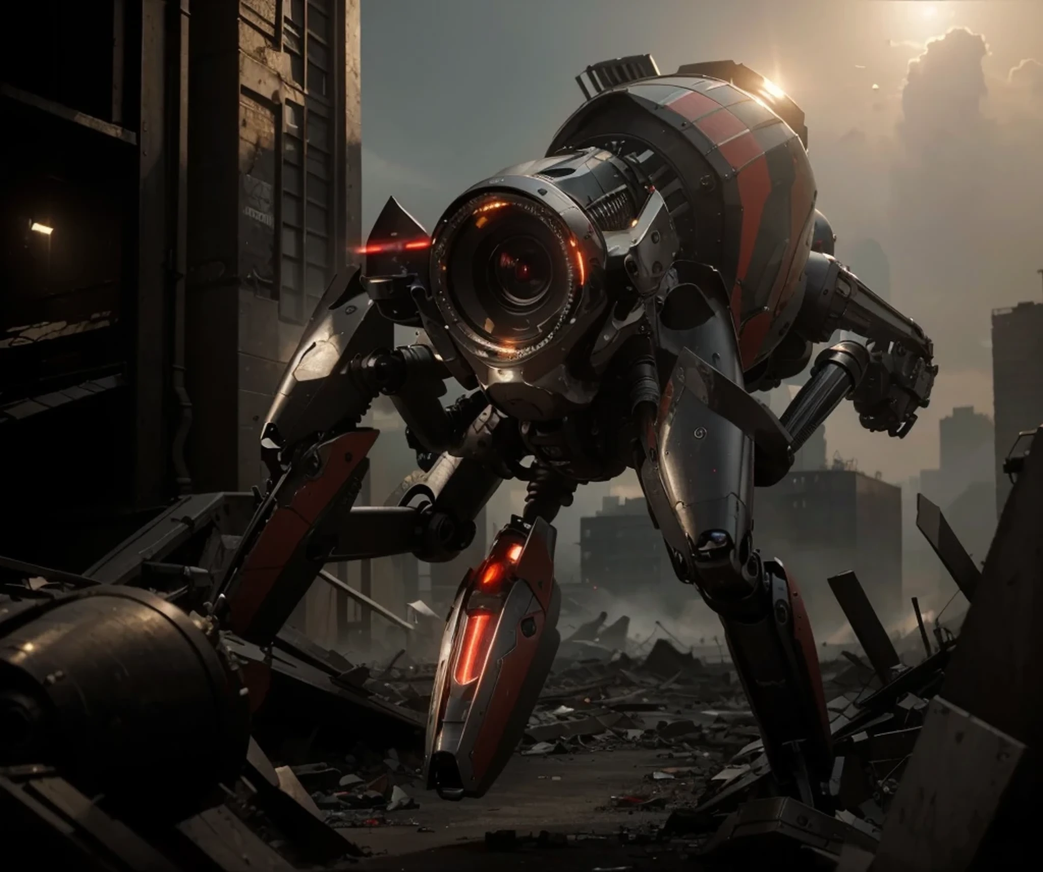 Ultra advanced biomechanical arachnoid robot drone, black and red metal, has cameras, sensors and antennas, has mechanical insectoid legs, has a large laser cannon, is in completely destroyed post apocalyptic city, sunny day, 4k, ultra detailed image, realistic, very detailed, perfect composition, splendid, intricately detailed, incredibly detailed, art photography 8k, hyper detailed, Masterpiece, ultra detailed, hyper realistic, 4k, ultra detailed image, realistic, highly detailed, perfect composition, splendid, intricately detailed, incredibly detailed, Artistic photography in 8k, hyper detailed