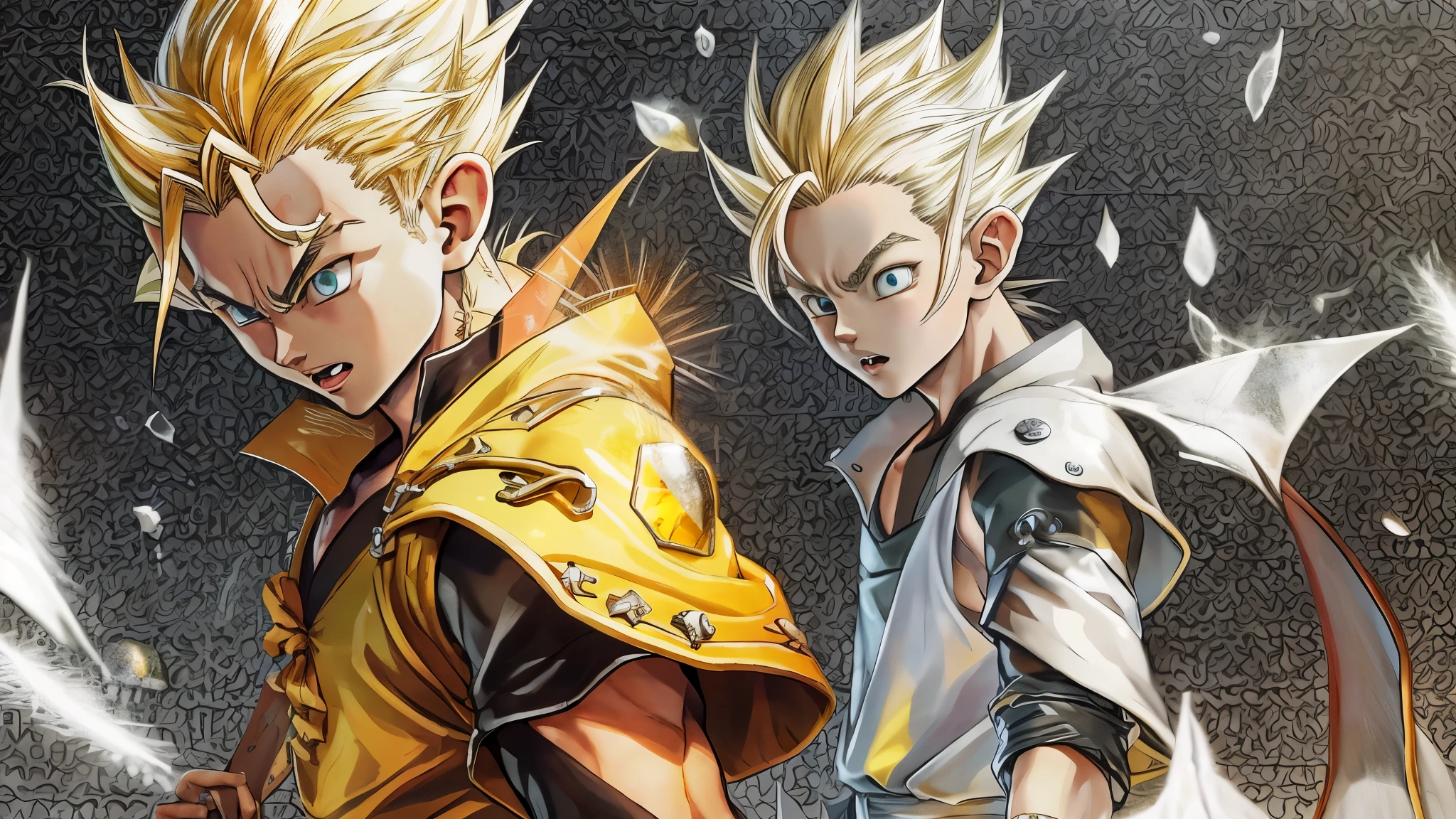 (master piece), 8k, best quality, elf boy, childlike appearance, male, teenager, ************, 1.70 meters tall, white skin, thin body, pointed elf ears, beautiful finely detailed silver eyes , high forehead, spiky yellow blonde hair like Gohan from the anime dragon ball (super sayajin), Incredibly handsome, conservative elven clothing, fighting, throwing salt stones at enemies,