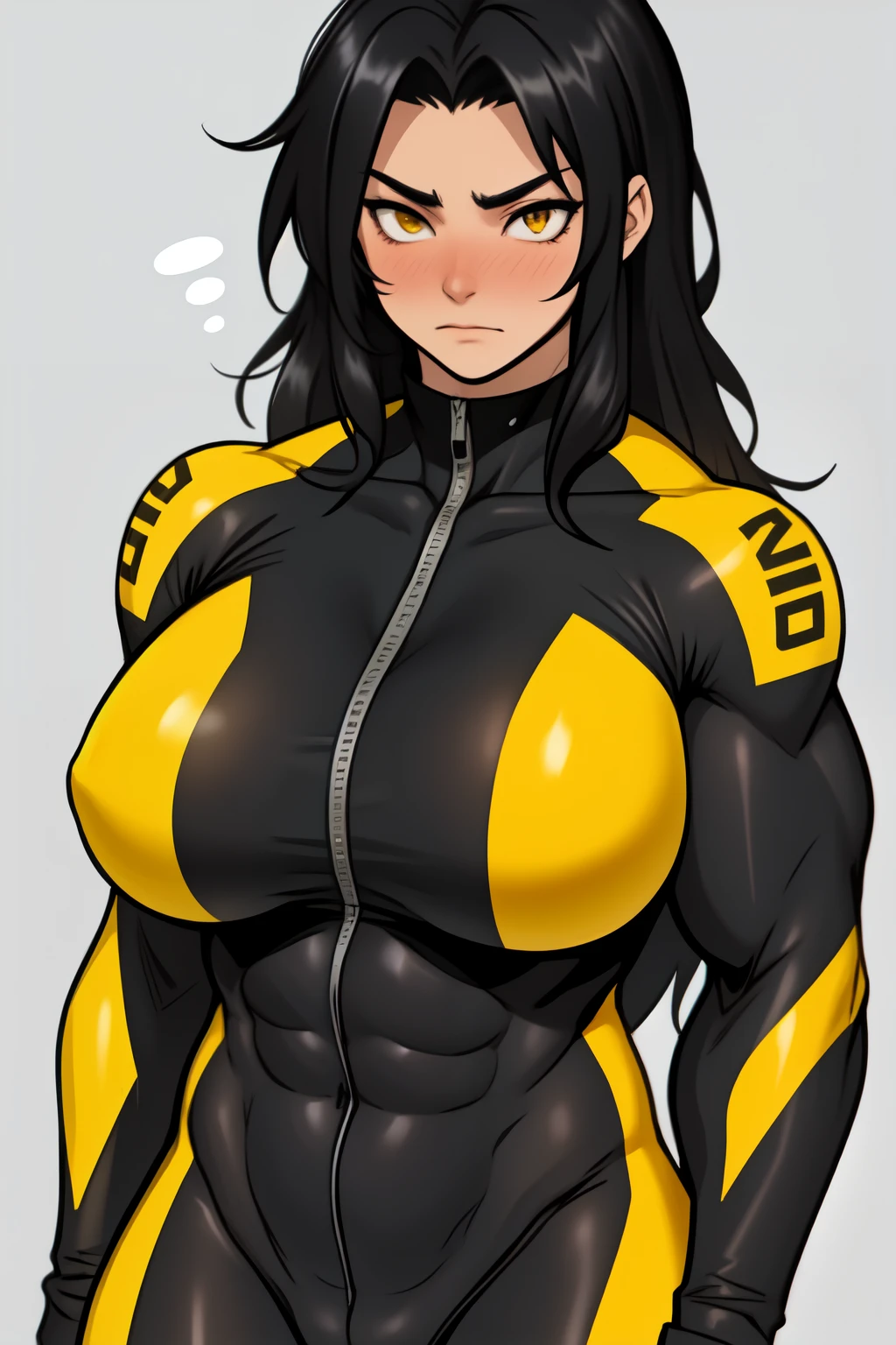 ((((girl muscular thick)))) pale skin black hair yellow eyes huge breasts body suit toned body embarrassed blush long hair