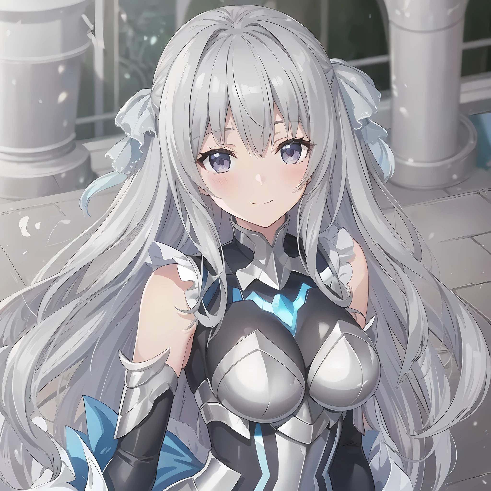 long silver hair, (detailed silver eyes), looking at viewer, cute, blush, smile, closed mouth, black and silver armor suit, castle in the background, masterpiece, high resolution, best quality