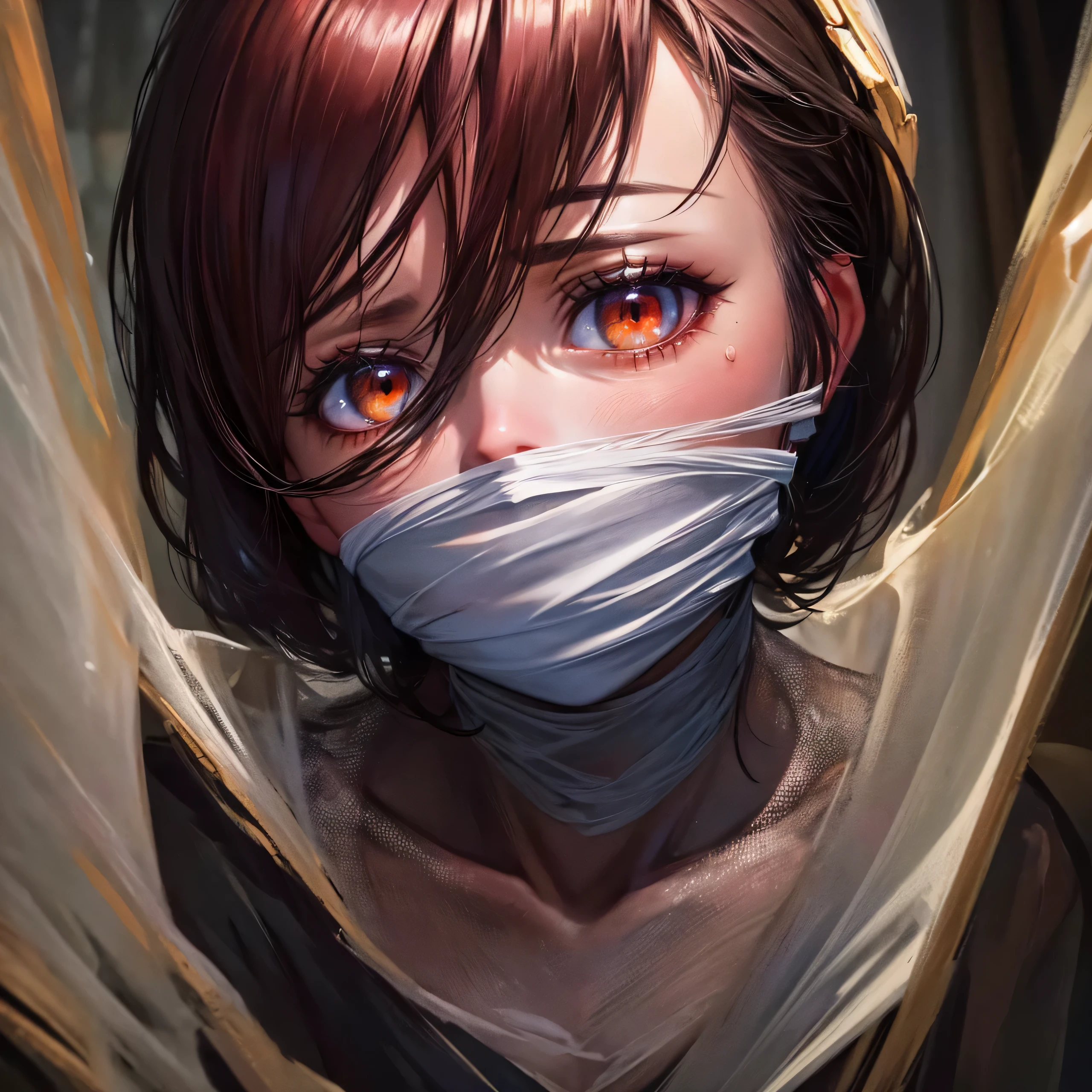 ing from the ceiling, dim lighting, dark atmosphere, oil painting style, vibrant colors, intense emotion. (best quality, highres, ultra-detailed, realistic:1.2), spiderweb, trapped, delicate facial features, fear in her eyes. half body visible,(gagged:1.4),