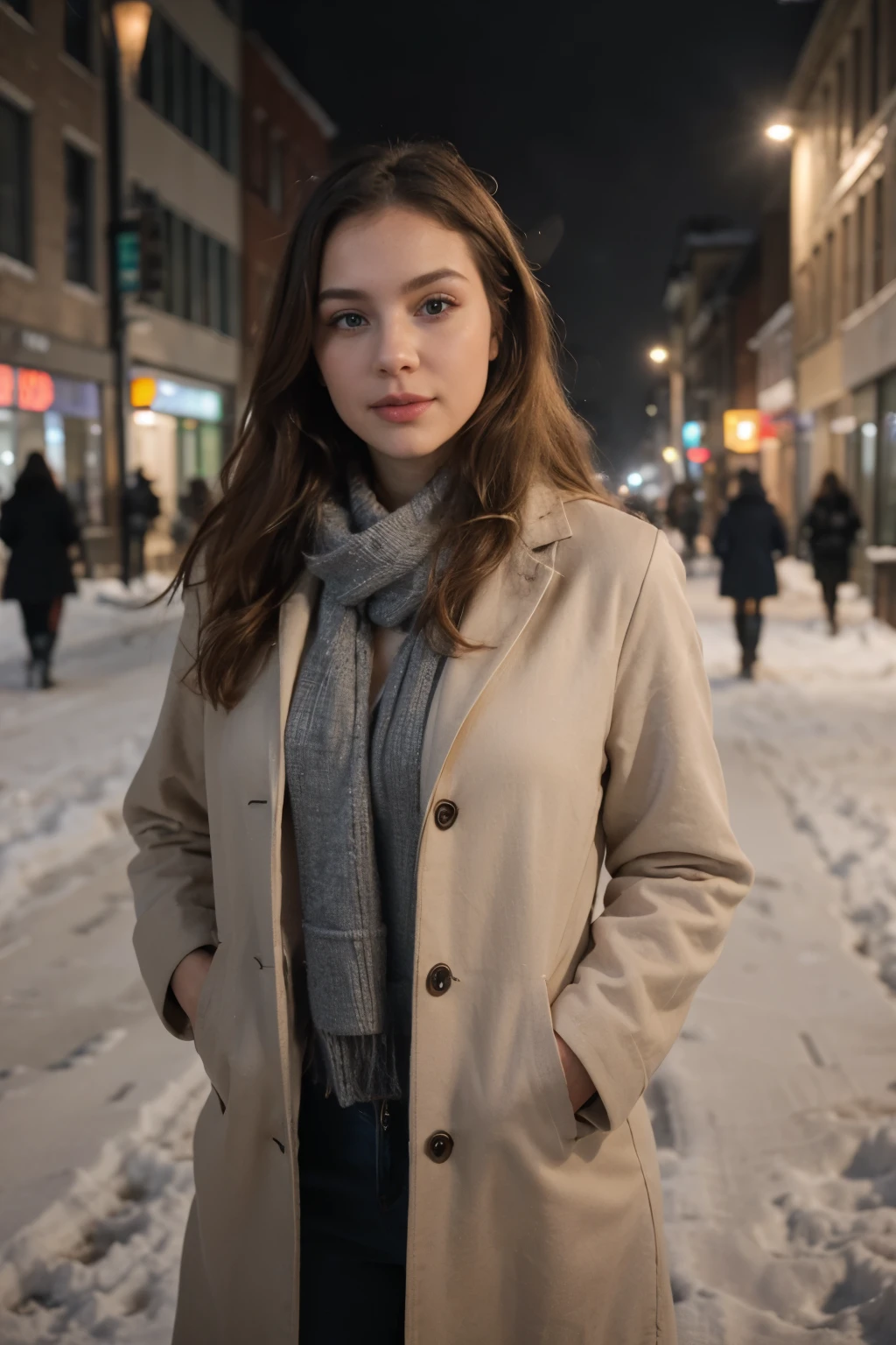 professional portrait photograph of a gorgeous Norwegian girl in winter clothing with long wavy blonde hair, sultry flirty look, gorgeous symmetrical face, cute natural makeup, wearing elegant warm winter fashion clothing, ((standing outside in snowy city street)), stunning modern urban environment, ultra realistic, concept art, elegant, highly detailed, intricate, sharp focus, depth of field, f/1. 8, 85mm, medium shot, mid shot, (((professionally color graded))), bright soft diffused light, (volumetric fog), trending on instagram, hdr 4k, 8k