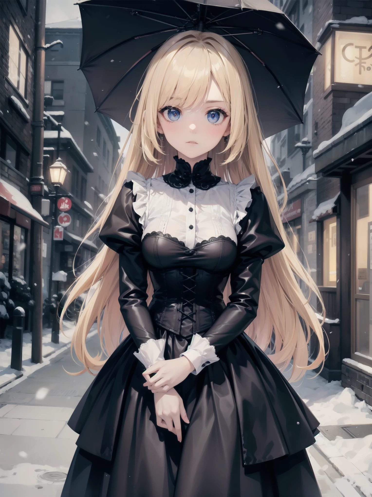 With background: snowy night cityscape。Detailed drawings of buildings and cityscapes using precise three-dimensional thinking。
shape: 20 year old girl。The hairstyle is bob、hair color is blonde、Hair is wavy。
expression and eyes: serious expression、eyes are blue、realistic and complex eyes。
clothing: black and purple gothic clothes。long sleeves and skirt、Corset available。
Pause：holding an umbrella in his left hand。
effect:Focus on the face from above。
style: Ghibli style special elements：I never have