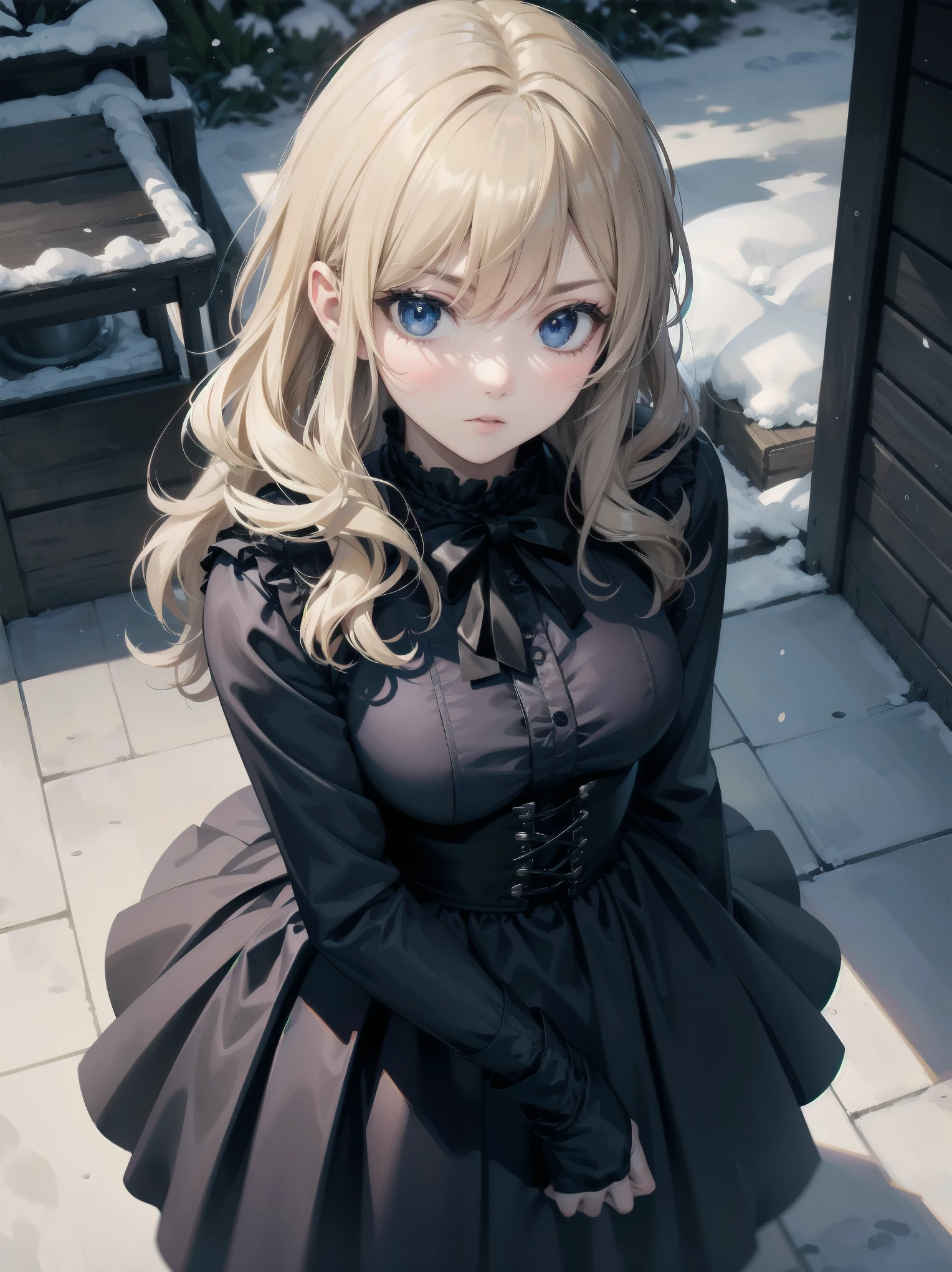 With background: snowy night cityscape。Detailed drawings of buildings and cityscapes using precise three-dimensional thinking。
shape: 20 year old girl。The hairstyle is bob、hair color is blonde、Hair is wavy。
expression and eyes: serious expression、eyes are blue、realistic and complex eyes。
clothing: black and purple gothic clothes。long sleeves and skirt、Corset available。
Pause：holding an umbrella in his left hand。
effect:Focus on the face from above。
style: Ghibli style special elements：I never have