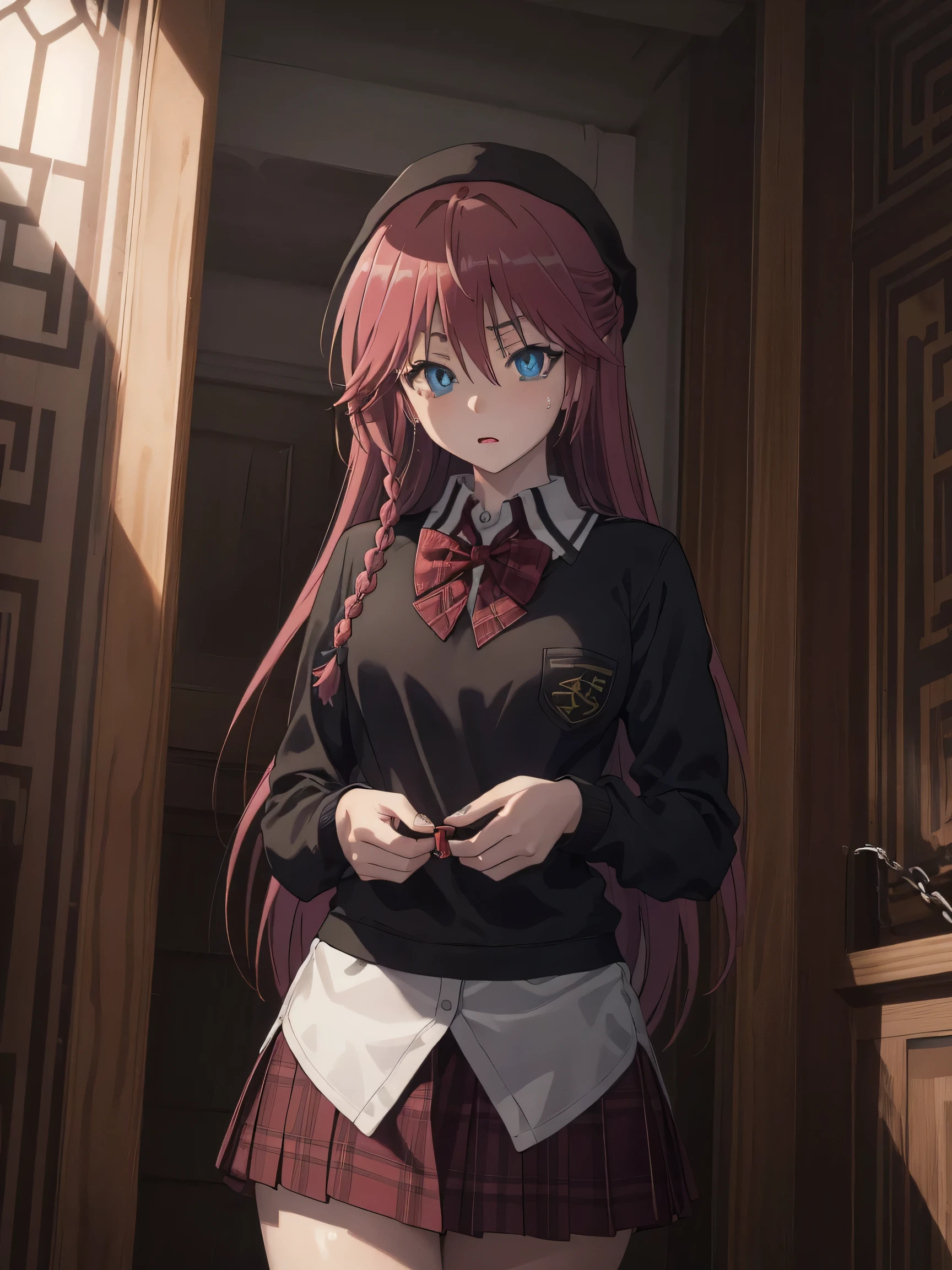 1woman,1girl ,lilith_asami,    long hair, red hair,   blue eyes , braid, side braid,
BREAK (wearing a skirt, shirt, long sleeves, bow, school uniform, pleated skirt, collared shirt, bowtie, sweater, plaid, black shirt, plaid skirt, grey skirt, black sweater:1.2),
BREAK BDSM,shibari,chain,shackles,bondage,torture,the dungeon,captivity,slave,Orgasmic,Lots of sweat,Exhausting,
BREAK (masterpiece:1.2), best quality, high resolution, unity 8k wallpaper, (illustration:0.8), (beautiful detailed eyes:1.6), extremely detailed face, perfect lighting, extremely detailed CG, (perfect hands, perfect anatomy),